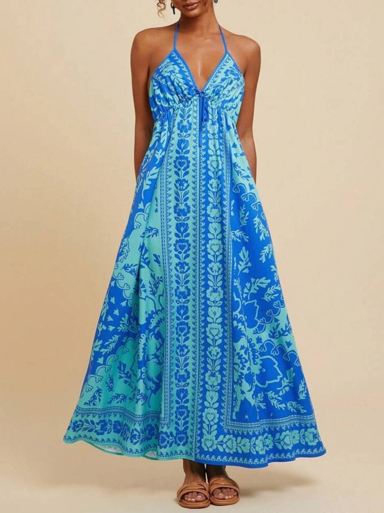 Bohemian Floral Print Halter Maxi Dress