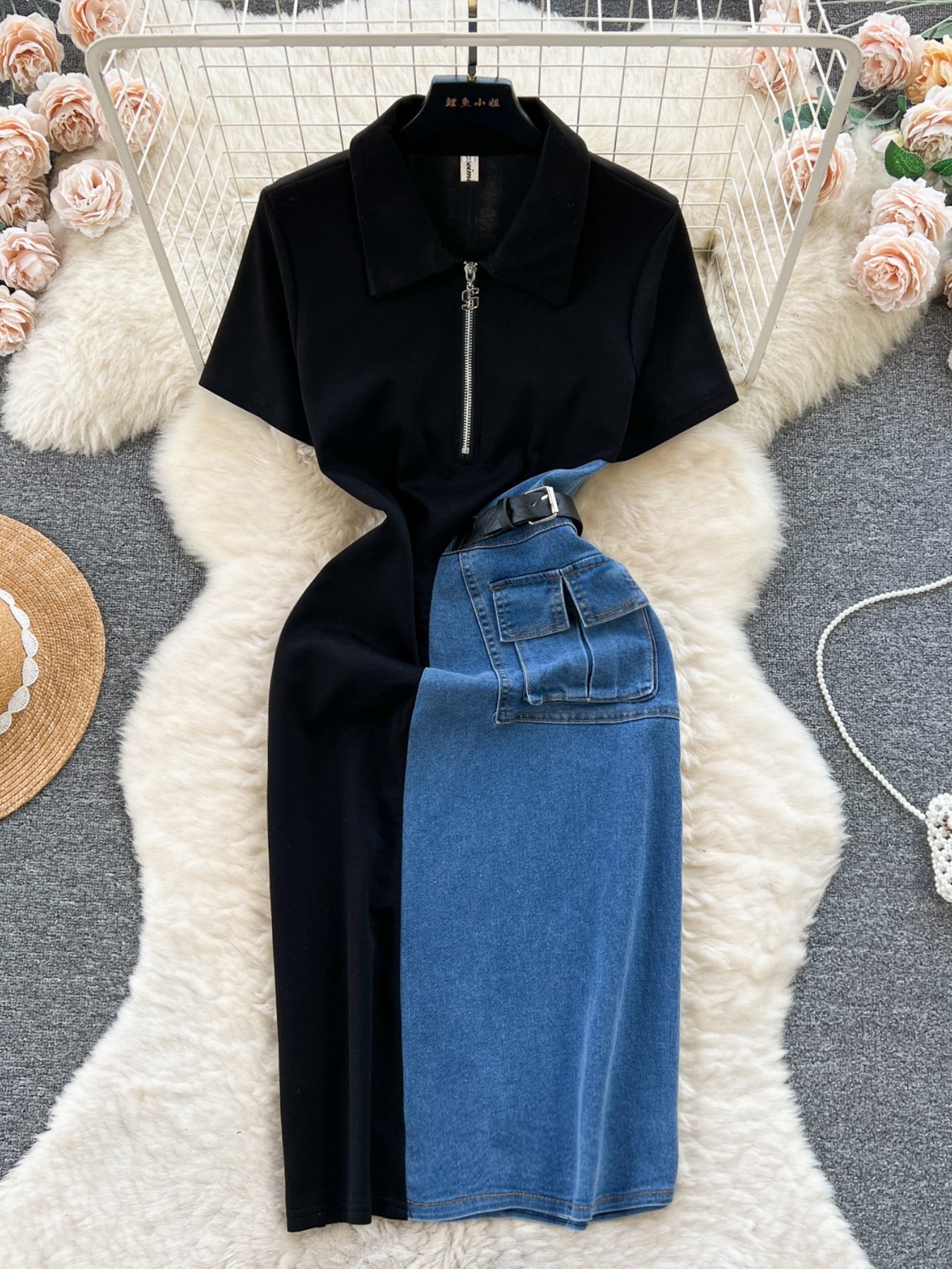 Full Size Color Block Denim Patchwork Short Sleeve Midi Dress Plus Size