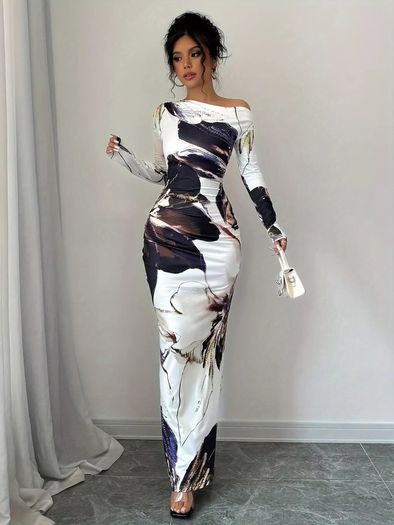 Floral Print One Shoulder Maxi Dress