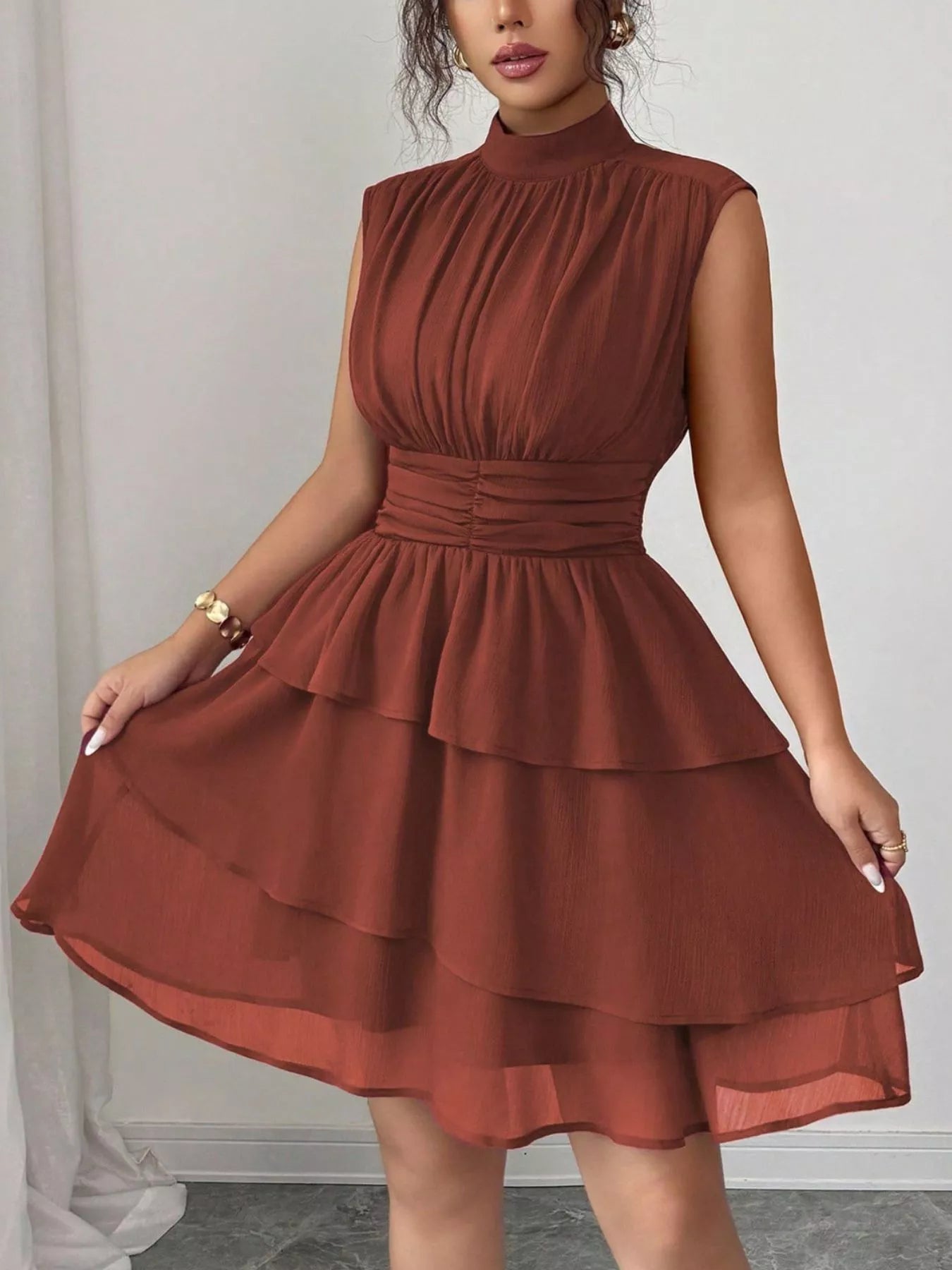 Sleeveless Mock Neck Layered Ruffle Dress