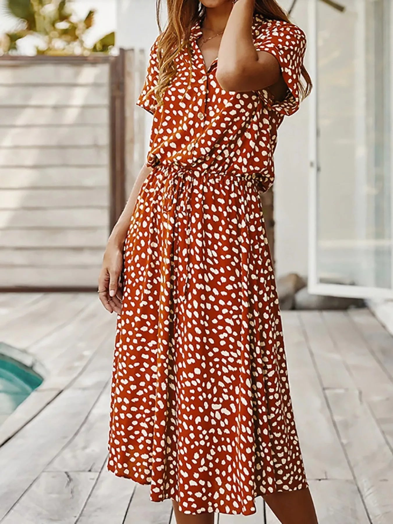 Polka Dot Button Front Midi Dress
