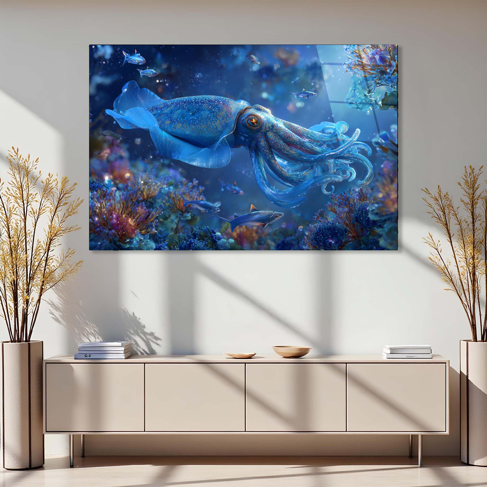 Blue Squid Tempered Glass Wall Art | Ocean Reef Decor