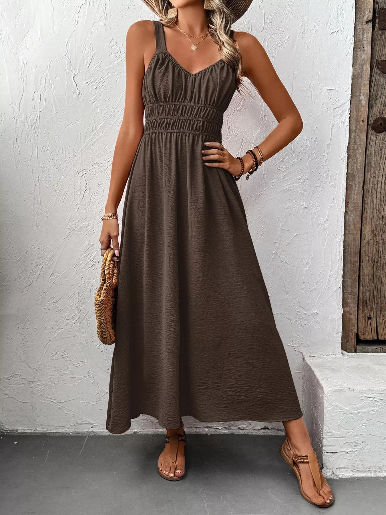 Sleeveless Smocked Casual Midi Dress