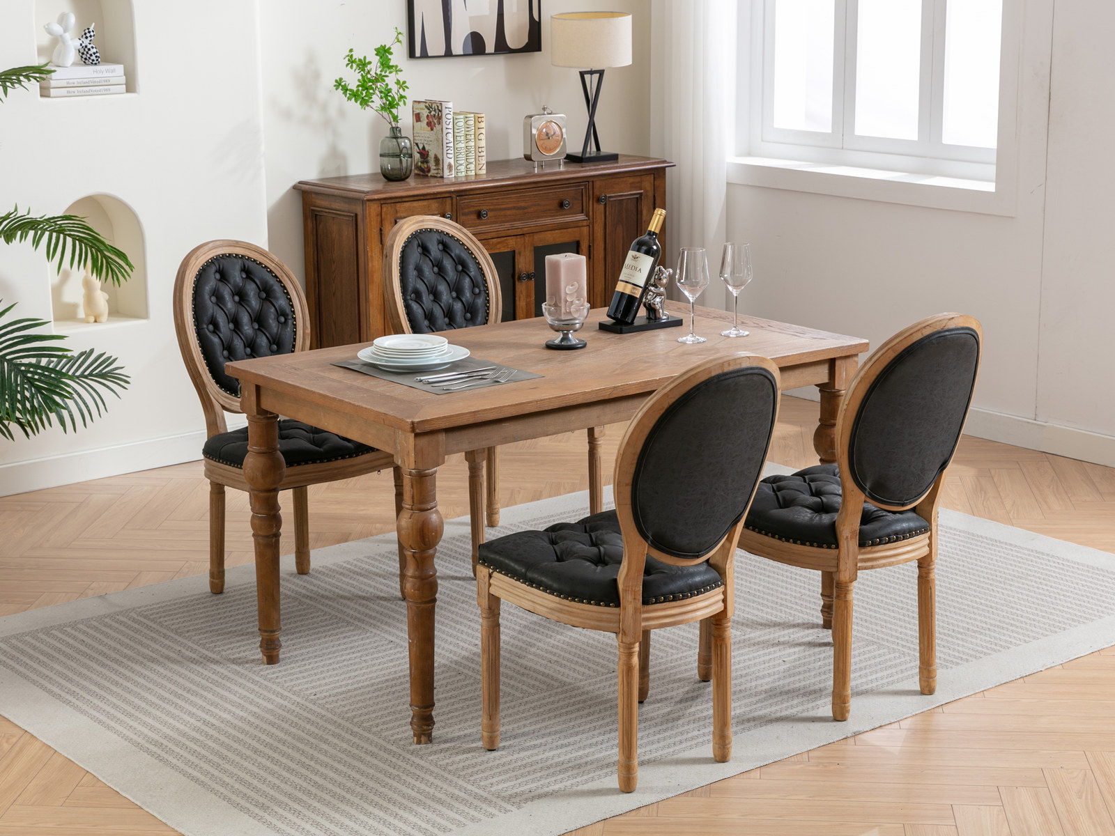 French Style Solid Wood Frame Antique Painting, Hand-Pulled Buckle Decoration Artificial Dining Chair With Nailhead Trim, Wood Legs