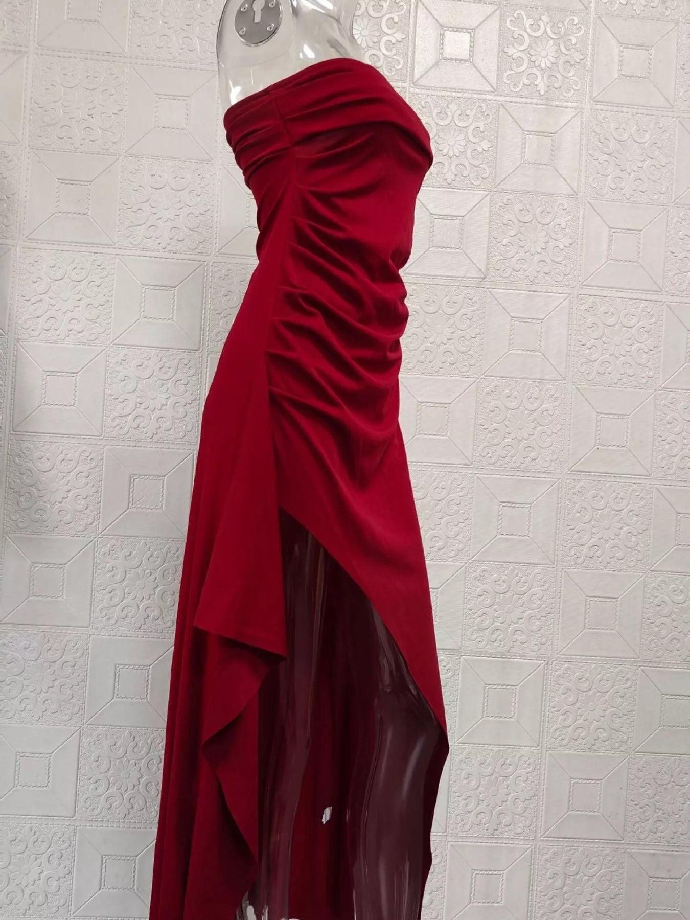 Strapless Ruched High Slit Maxi Dress