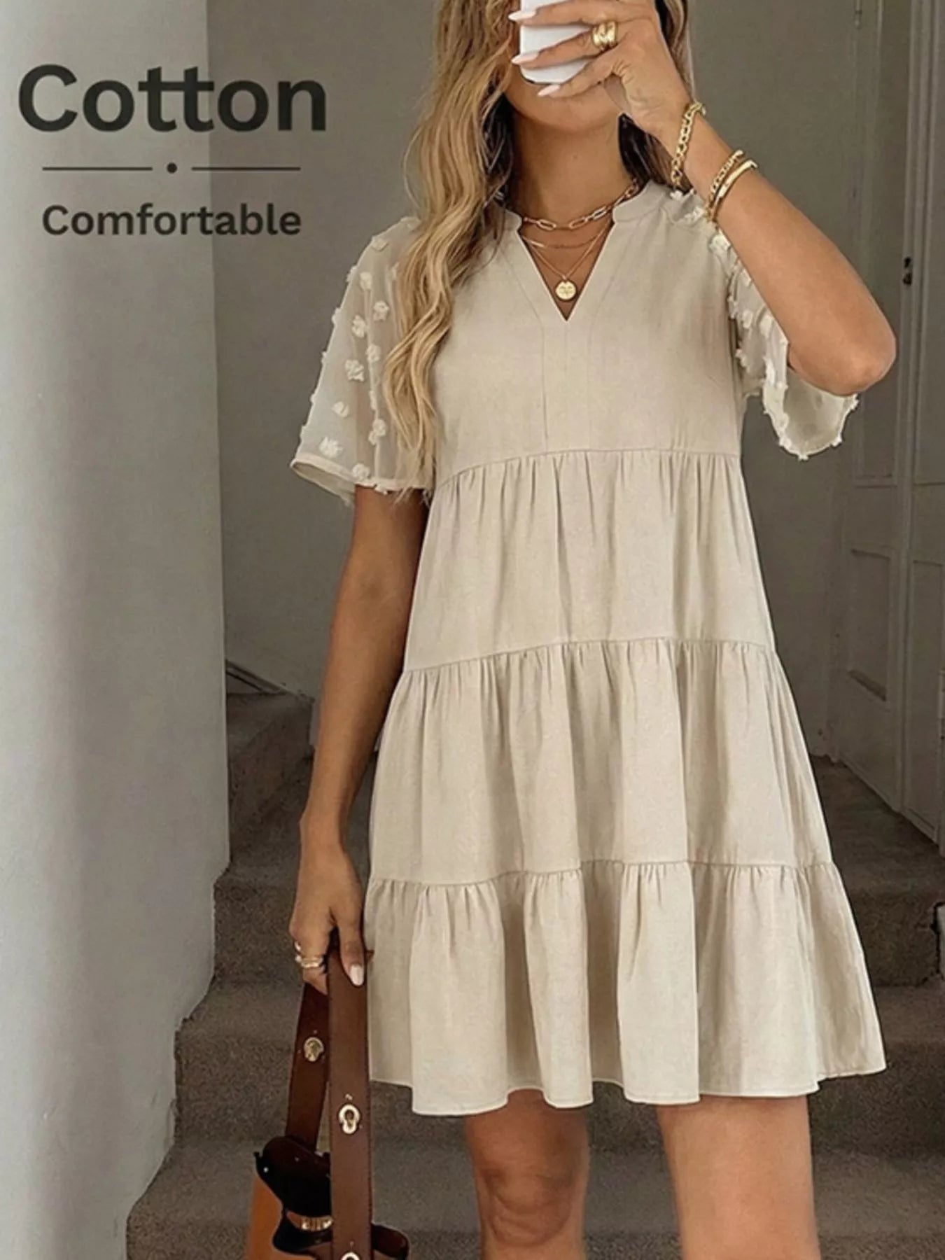 Casual Tiered Mini Dress with Swiss Dot Sleeves
