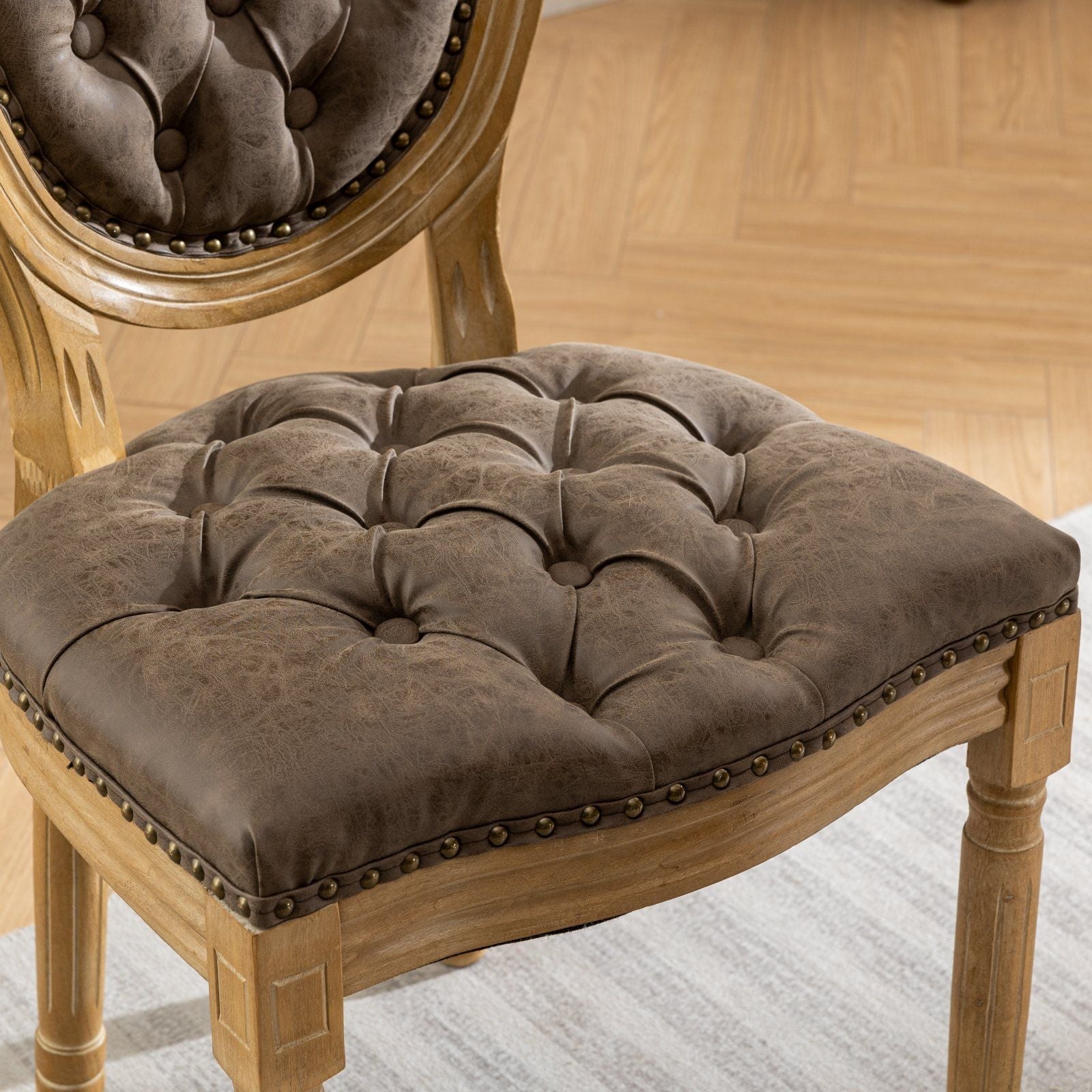 French Style Solid Wood Frame Antique Painting, Hand-Pulled Buckle Decoration Artificial Dining Chair With Nailhead Trim, Wood Legs