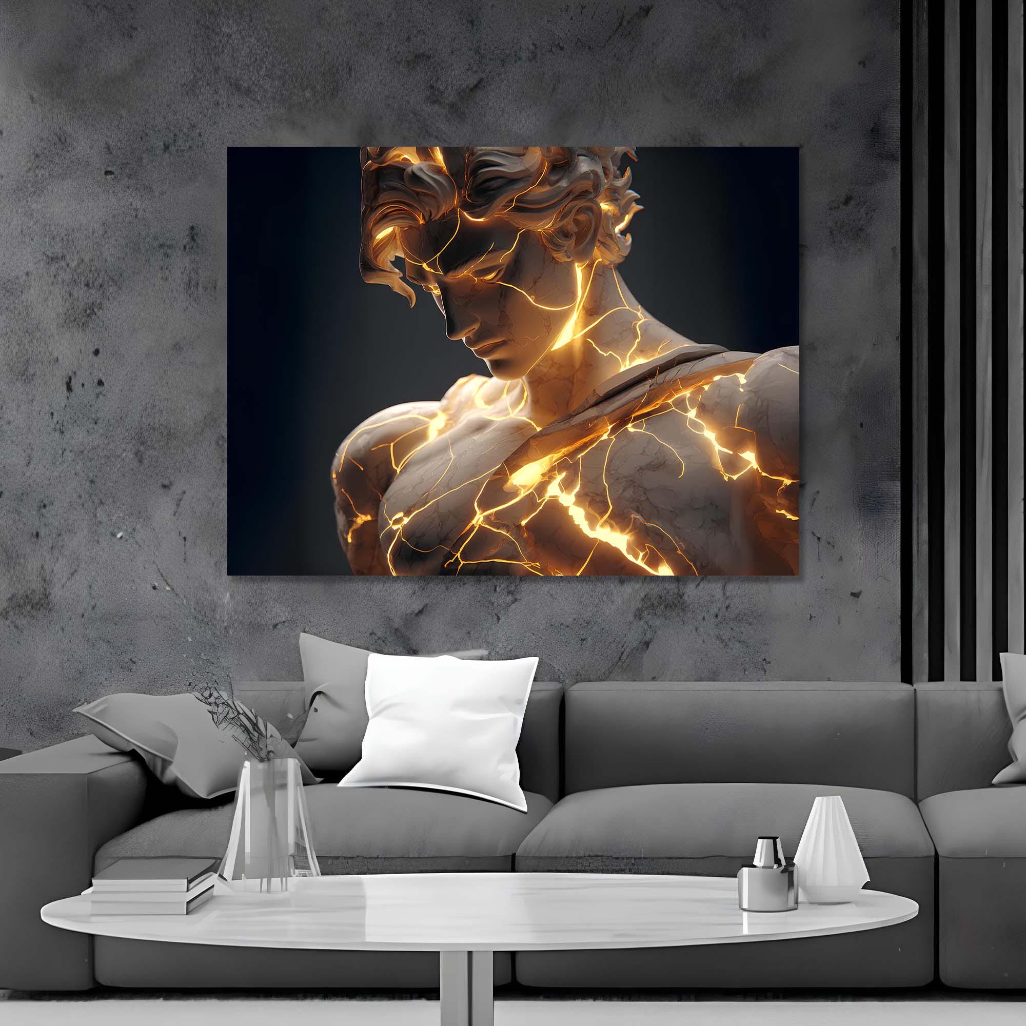 Glowing Marble Statue Tempered Glass Wall Art | Modern Mythology Wall Decor | Luminous Sculpture Print