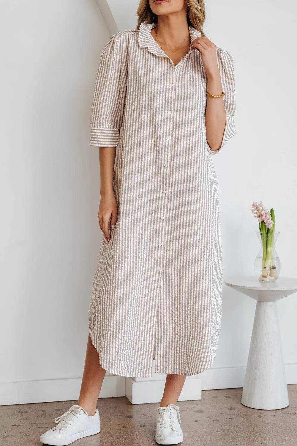 Stripe Frilled Collar Half Sleeve Shirt Dress