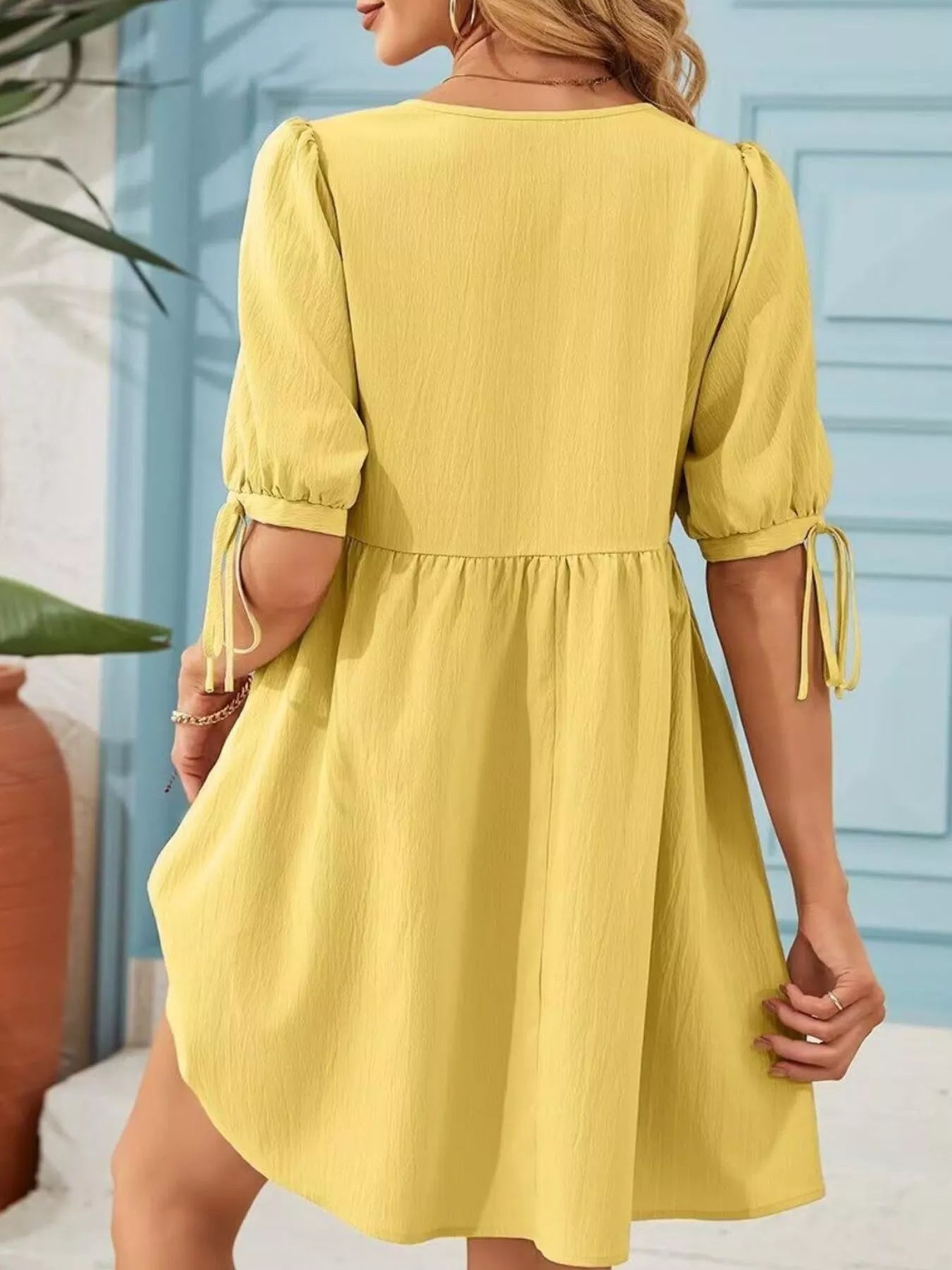 Tie-Neck Puff Sleeve A-Line Mini Dress