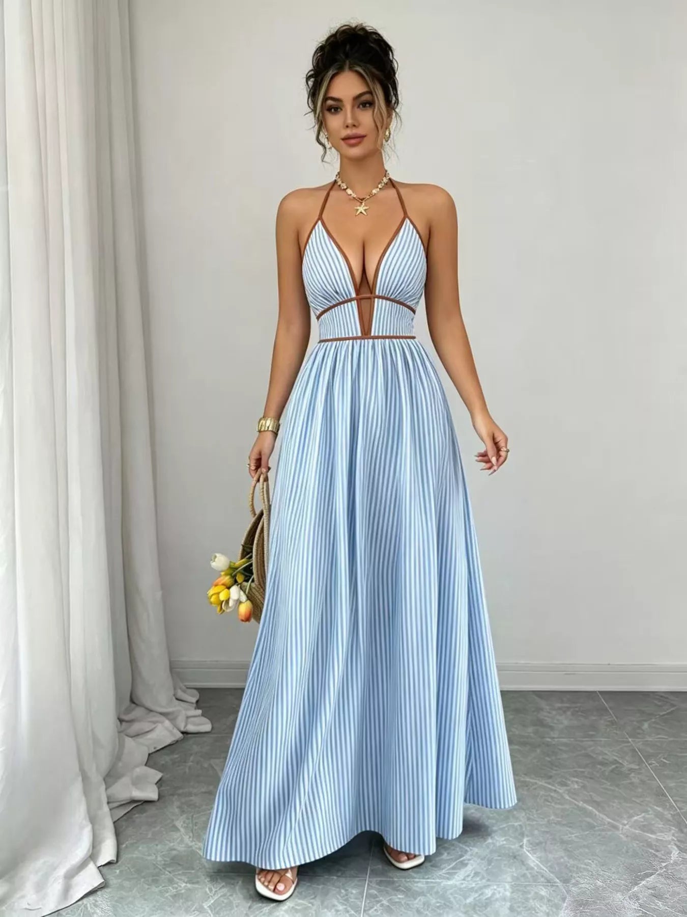 Striped Halter Neck Maxi Dress