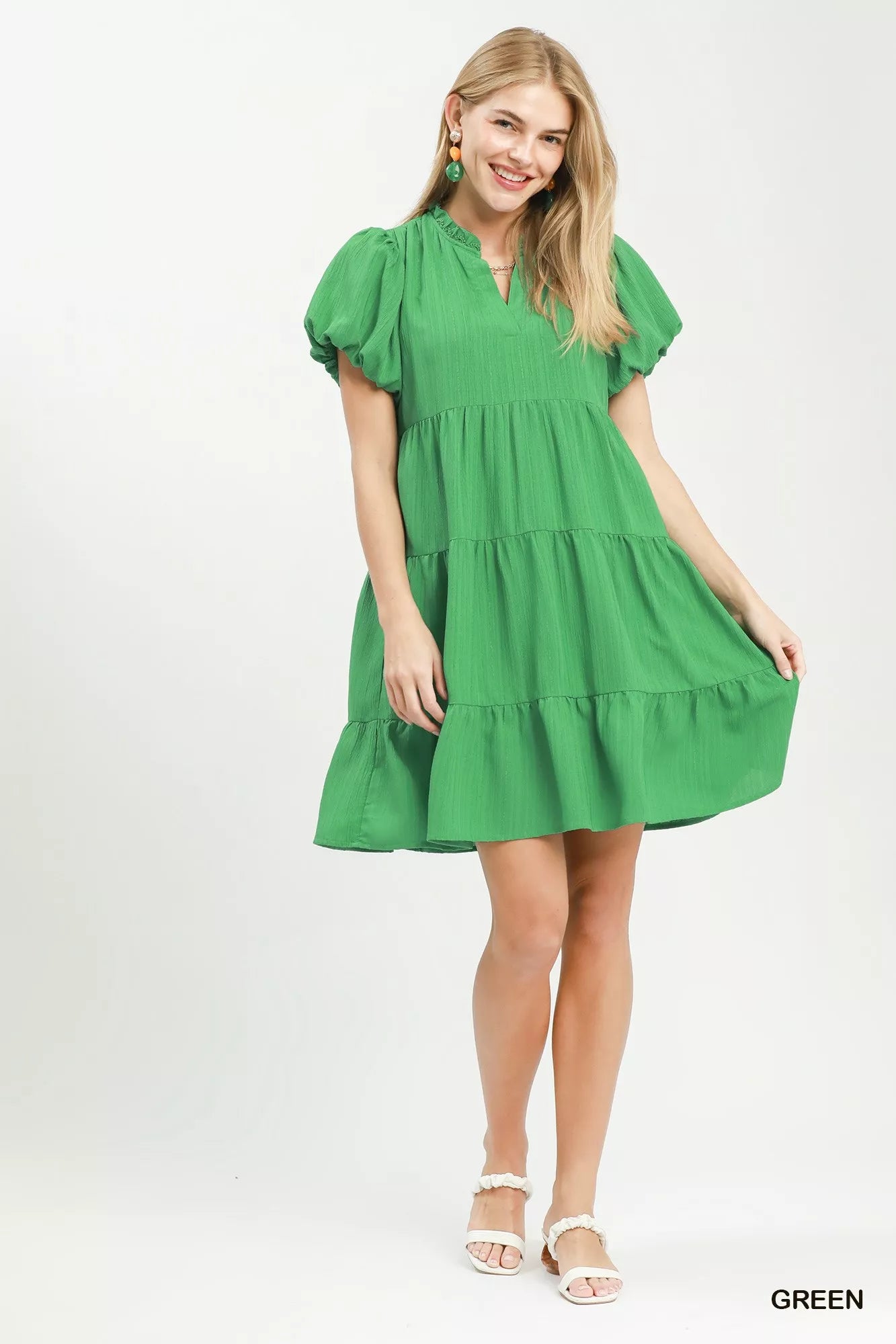 Umgee Puff Sleeve Tiered Babydoll Dress