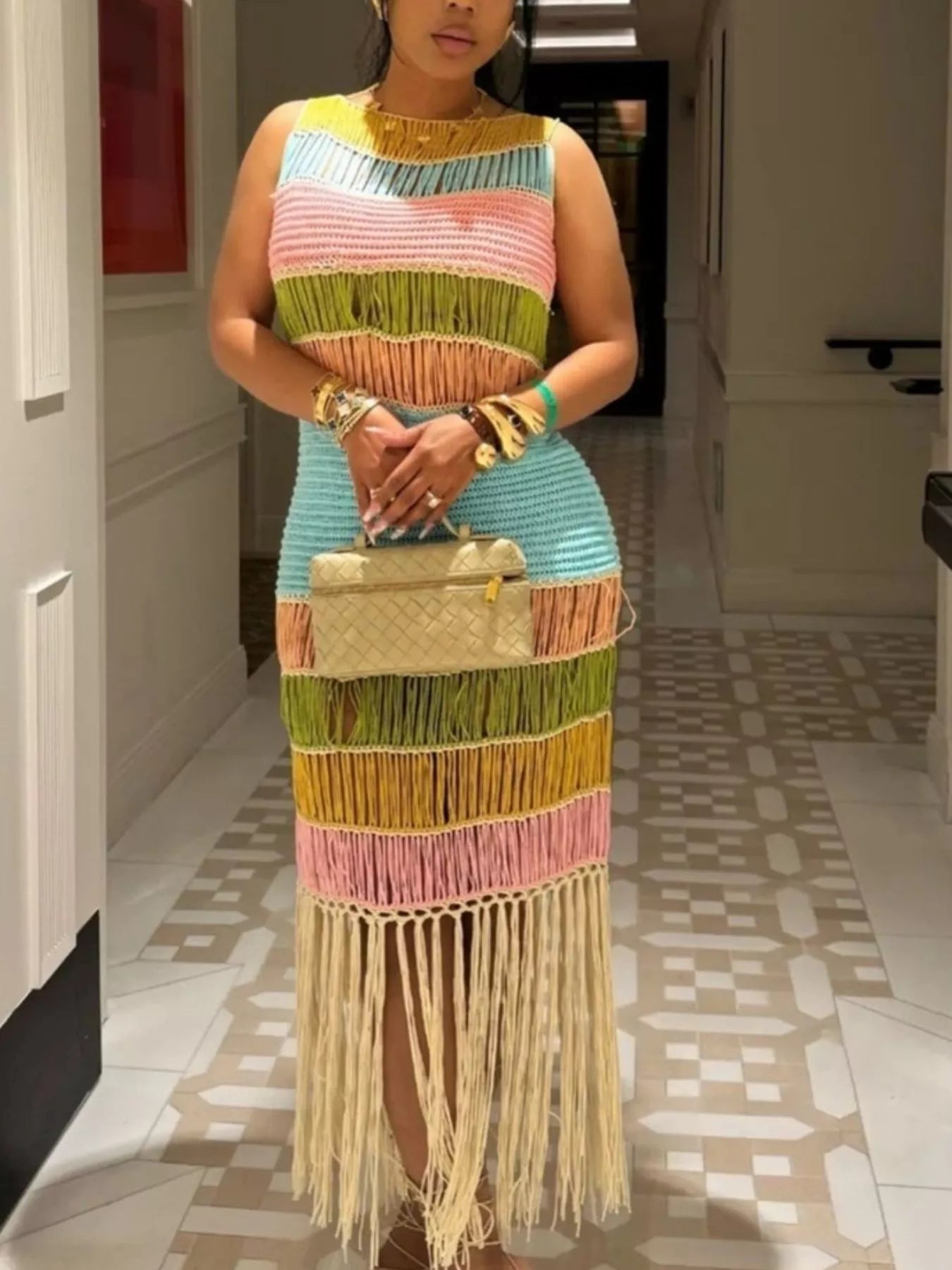 Fringe Crochet Knit Color Block Maxi Dress