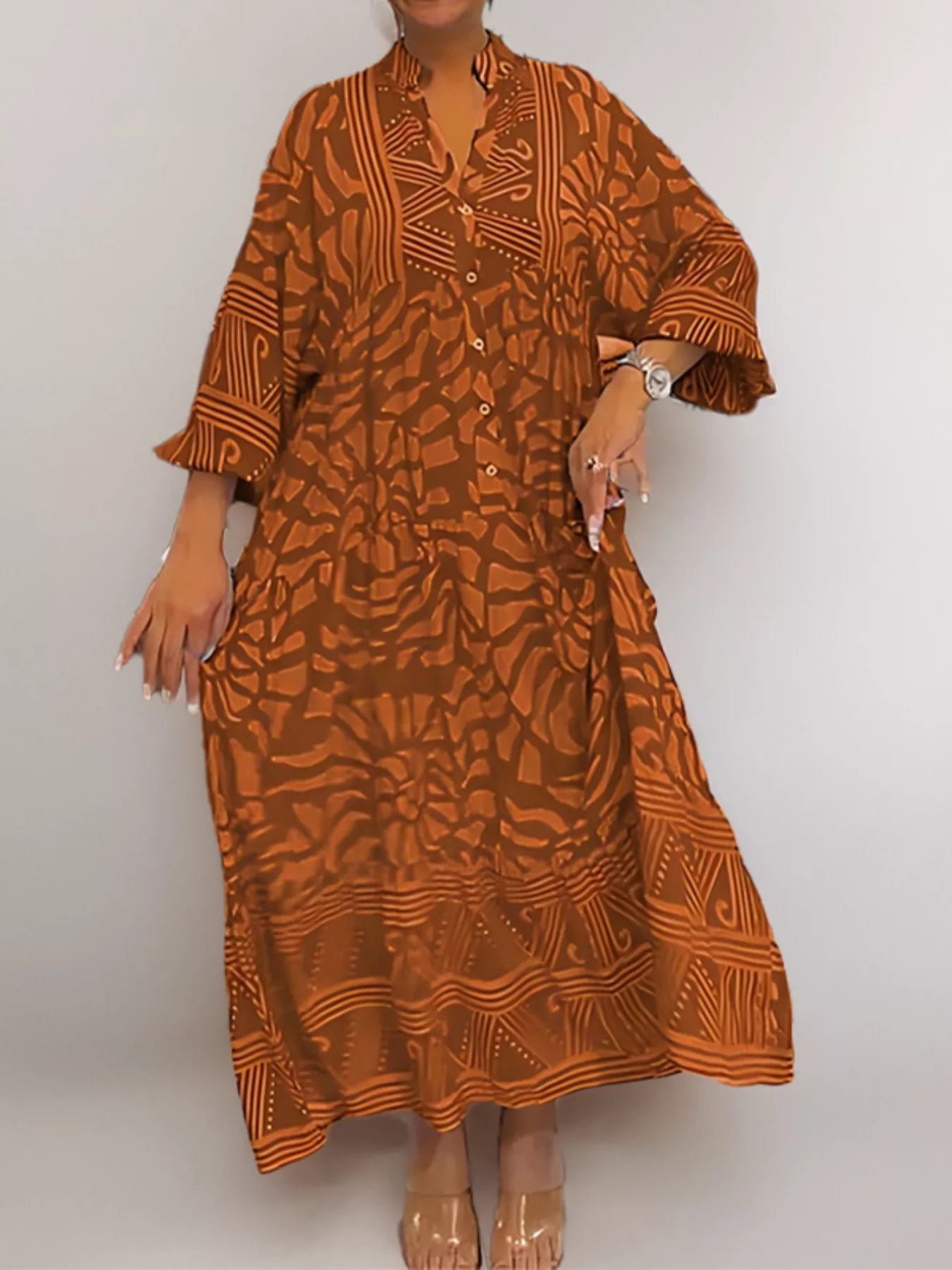 Printed Button Front Midi Dress