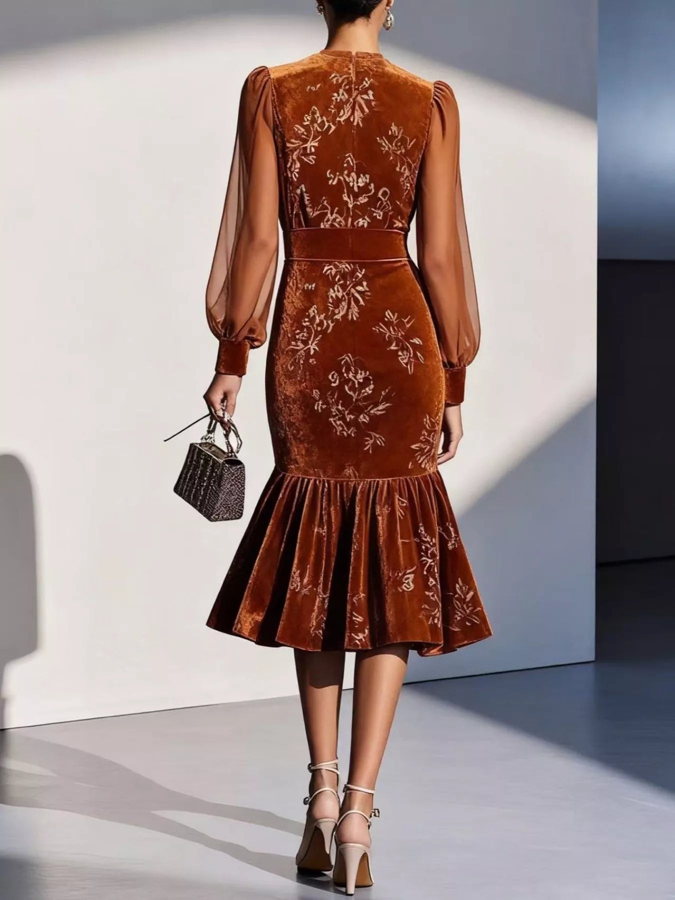 Velvet Floral Lantern Sleeve Midi Dress