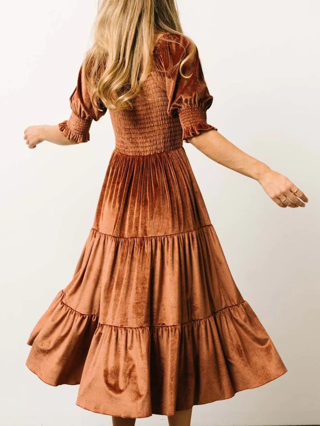 Velvet Smocked Tiered Midi Dress