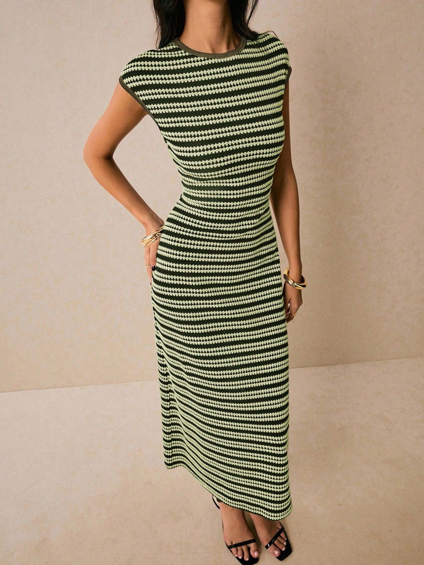 Striped Cap Sleeve Bodycon Midi Dress