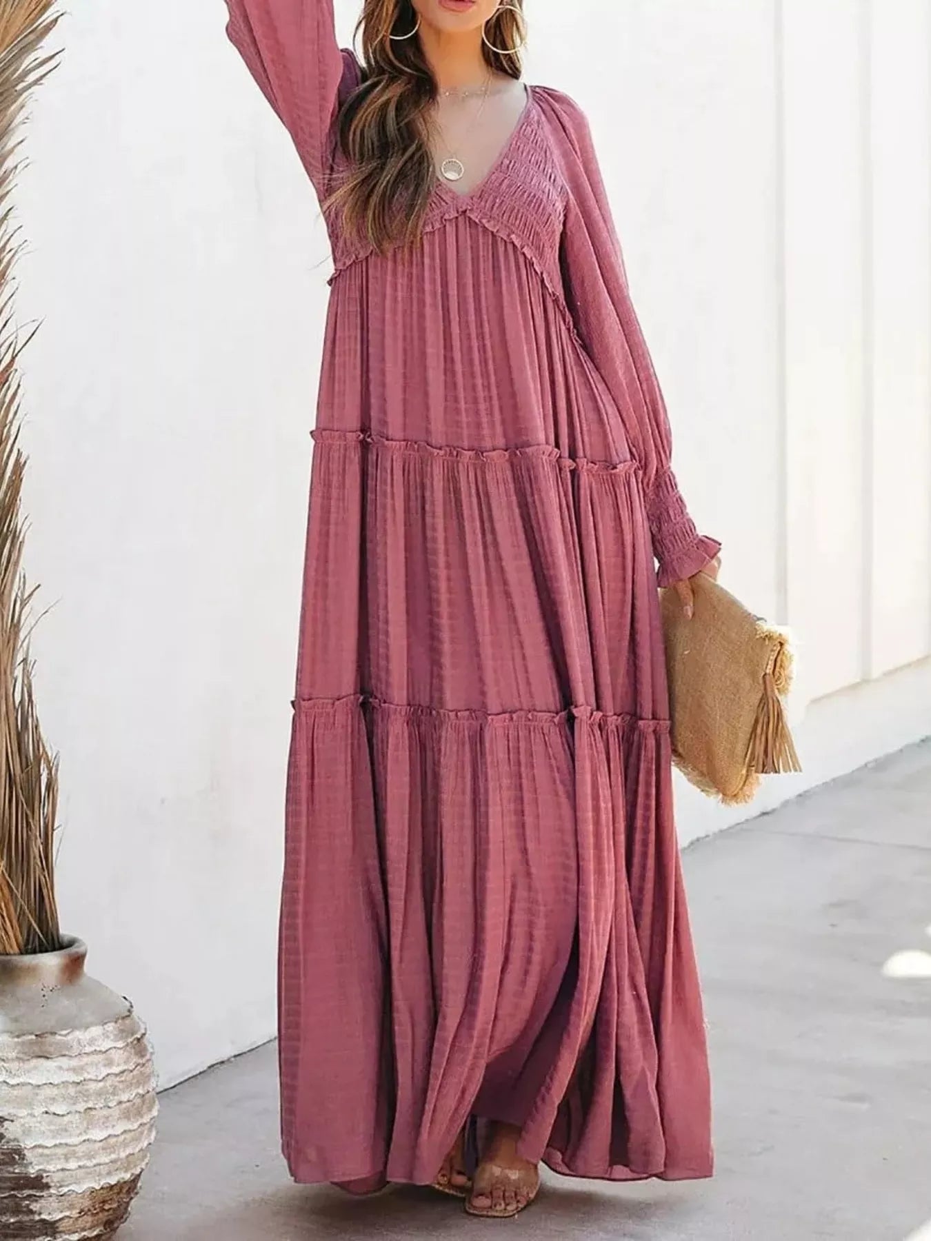 V-Neck Long Sleeve Tiered Maxi Dress