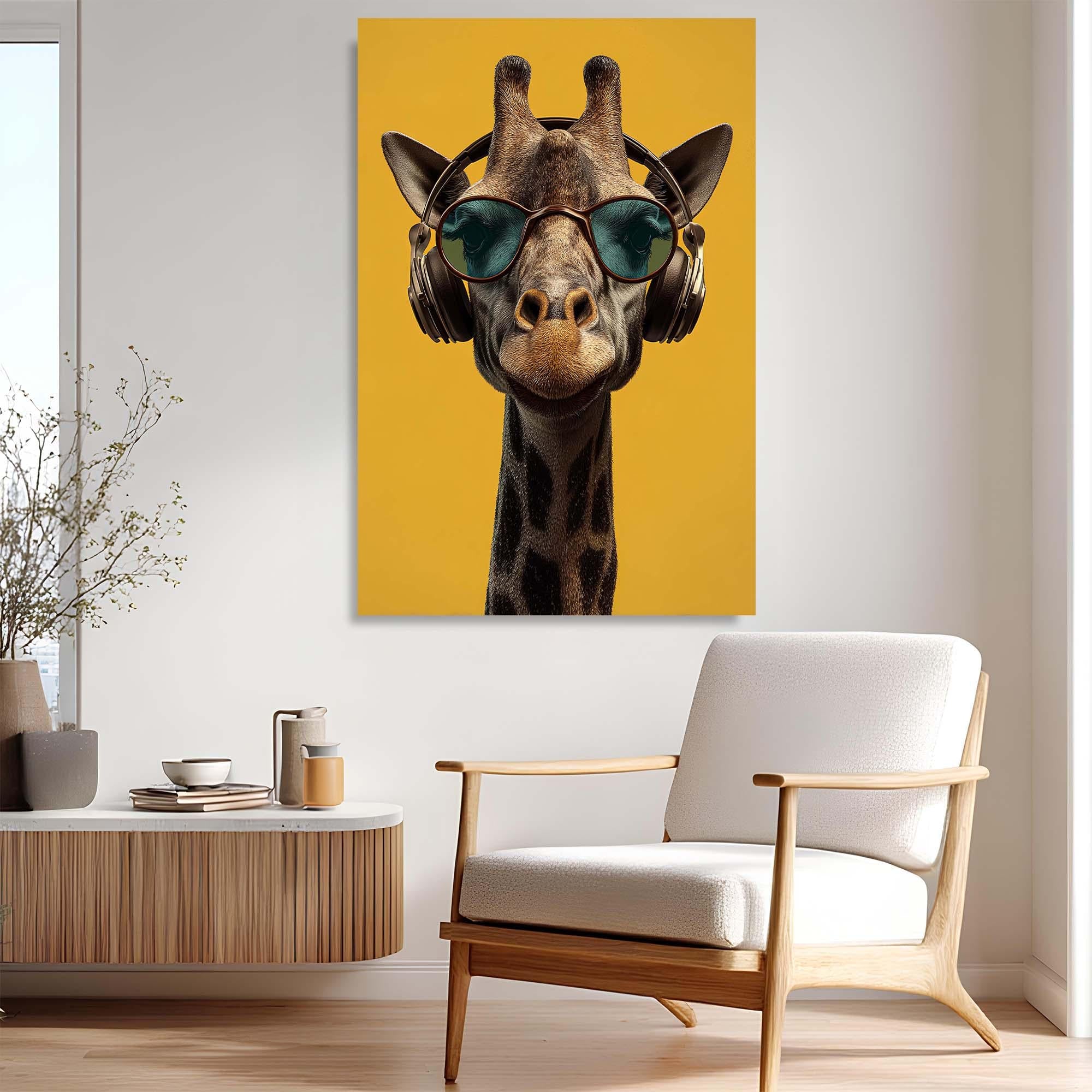 Chill Giraffe with Headphones Tempered Glass Wall Art | Modern Animal Wall Art | Contemporary Wall Decor