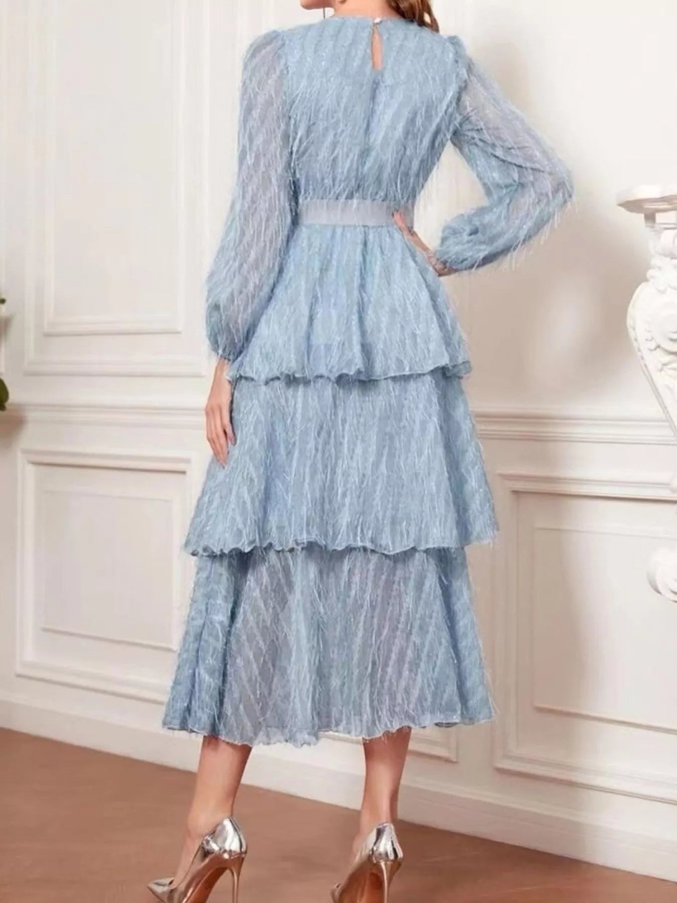 Full Size Layered Balloon Sleeve Midi Dress Plus Size