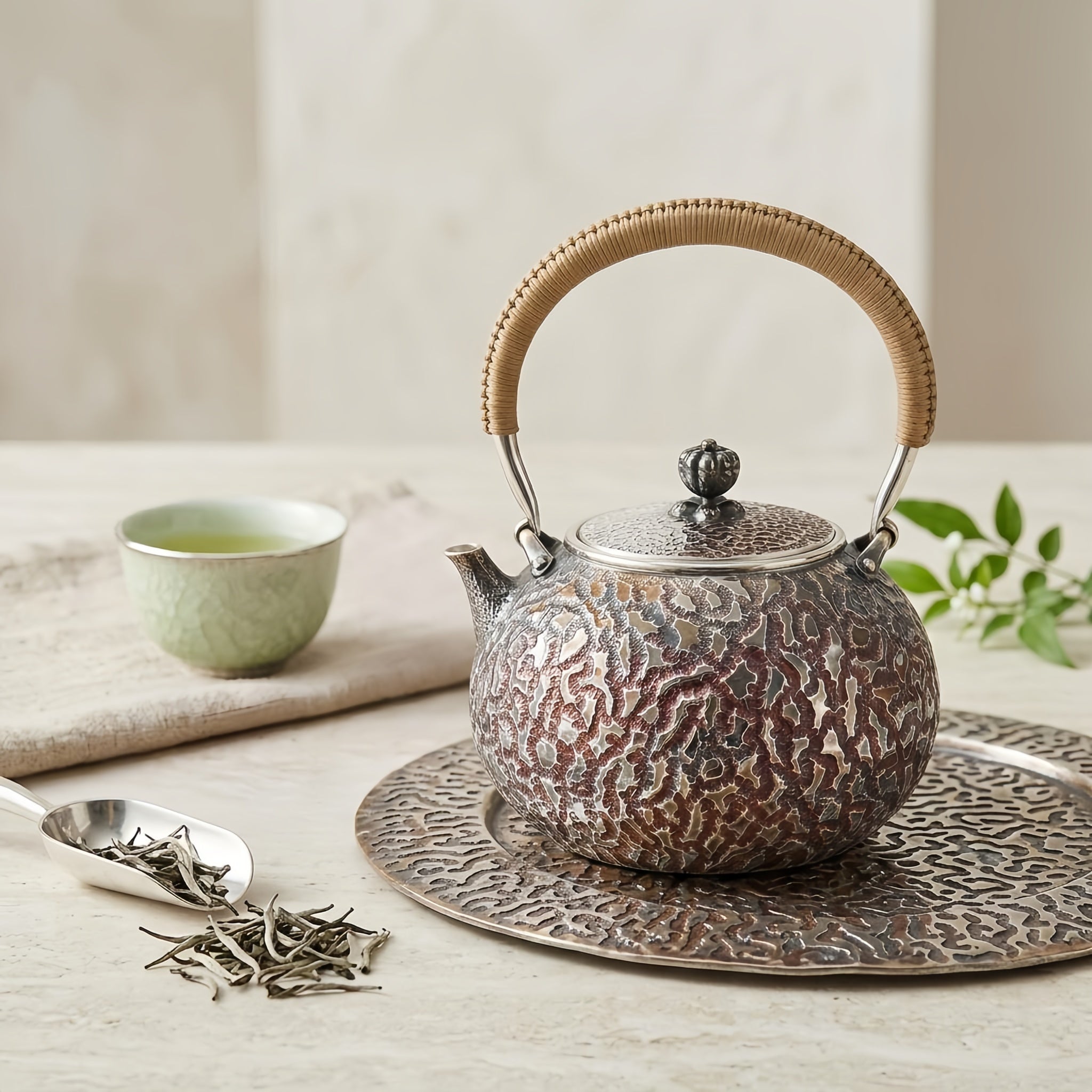 925 Sterling Silver Exquisite Handcrafted Silver-Toned Teapot with Ornate Patterning and Cord-Wrapped Handle - Handicraft