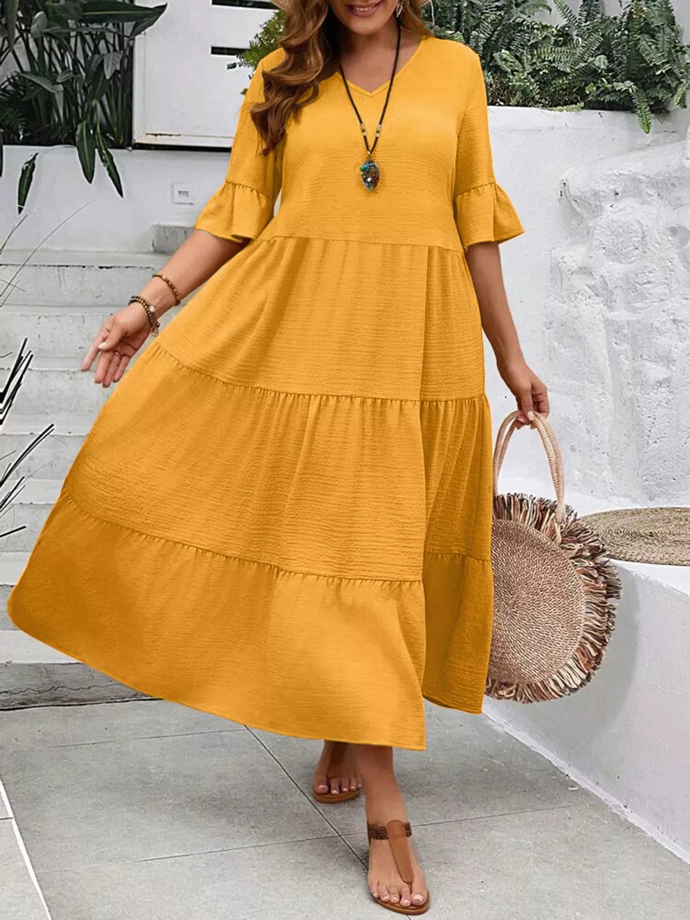 Plus Size Ruffle Sleeves Tiered Midi Dress