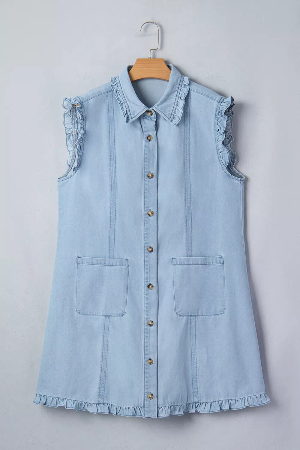 Ruffled Edge Collared Shift Denim Dress with Pockets