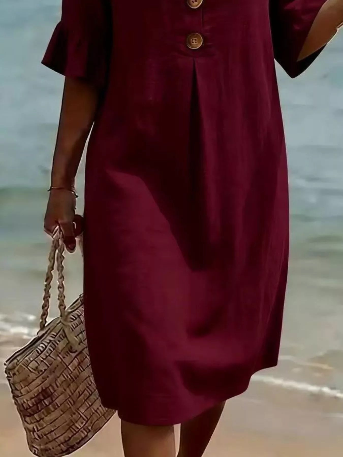 Full Size Button Decor Flounce Sleeve Dress Plus Size