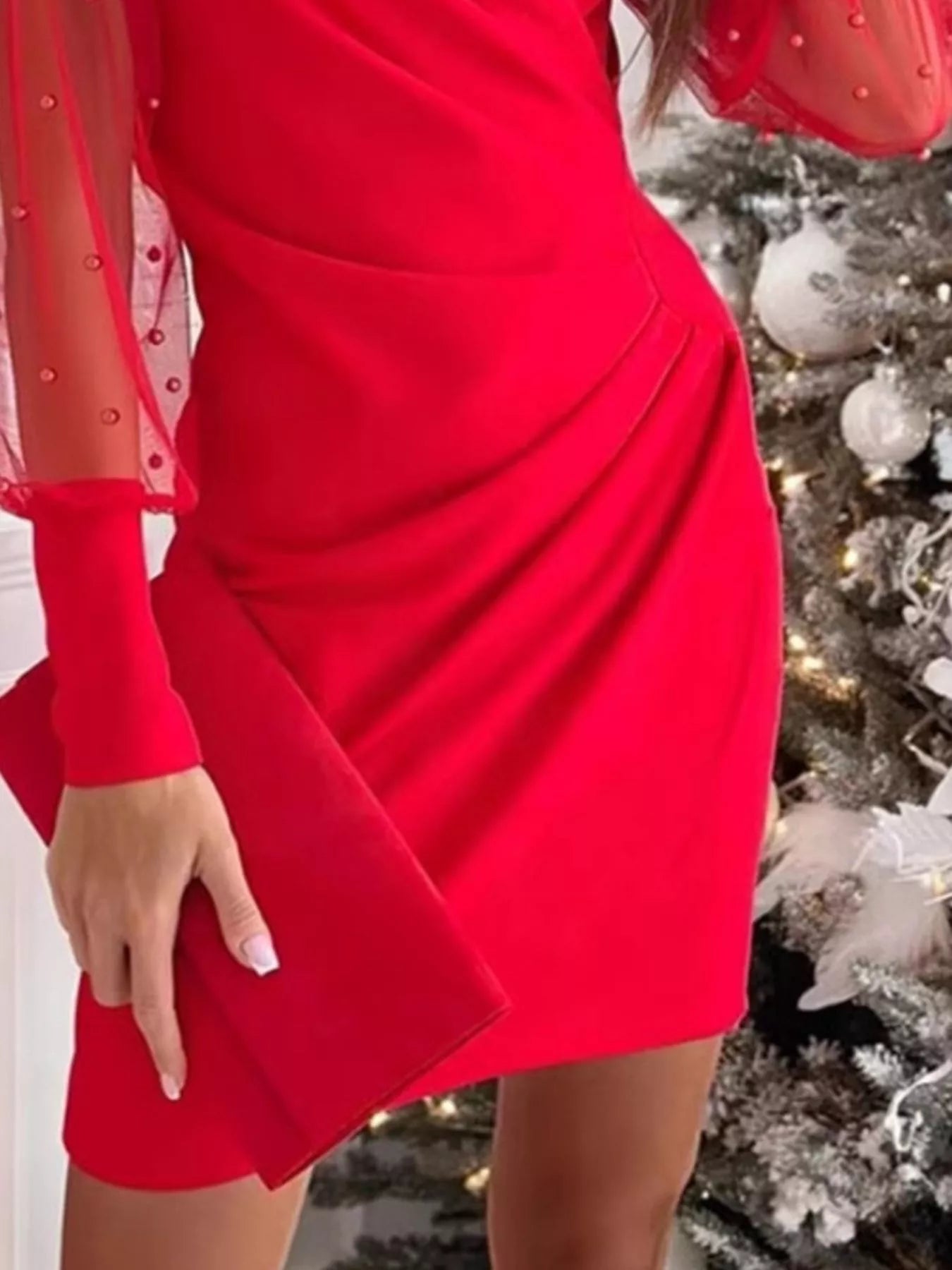 Floral Applique Mesh Sleeve Bodycon Dress