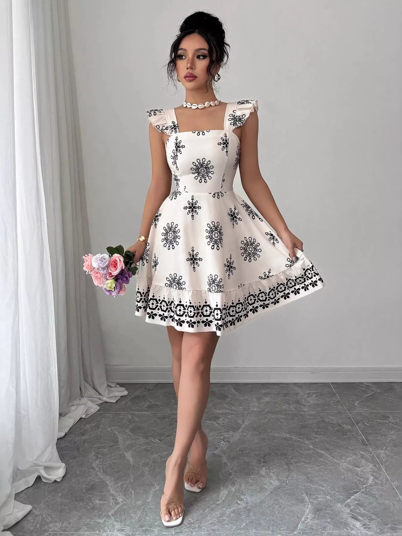 Printed Bow Back Square Neck Mini Dress