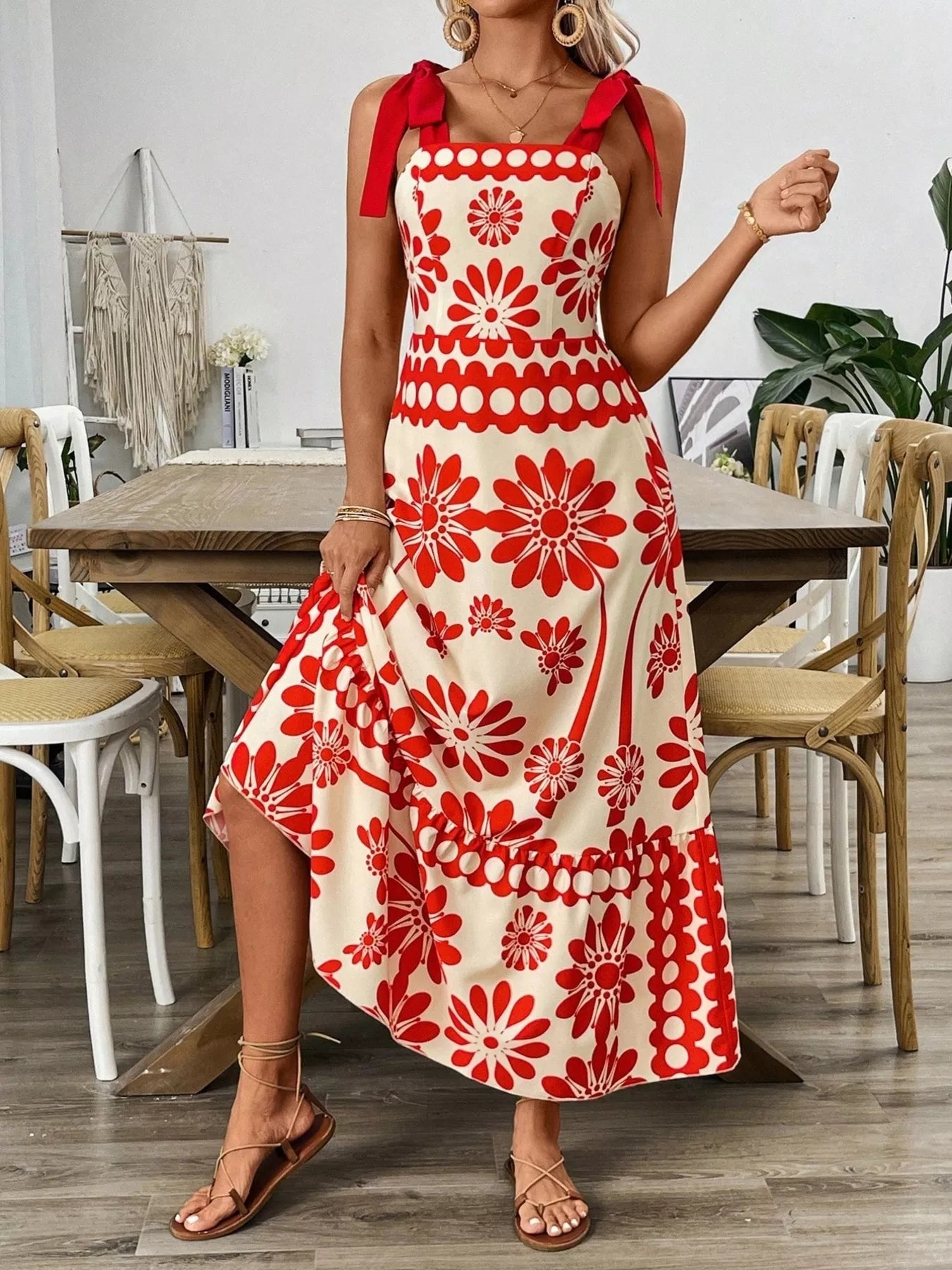 Floral Print Tie-Shoulder Midi Dress