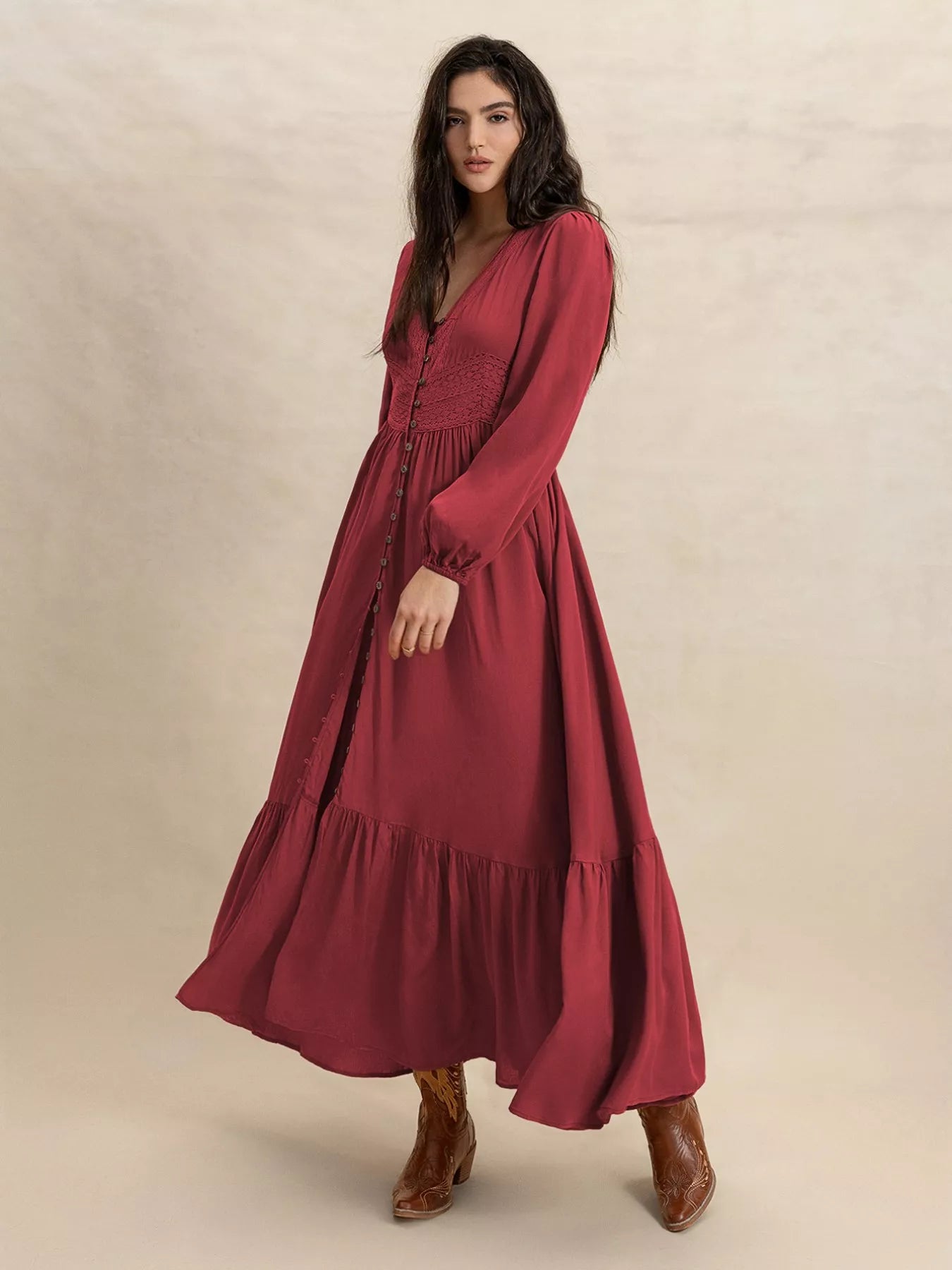 Plus Size V-Neck Balloon Sleeve Maxi Dress