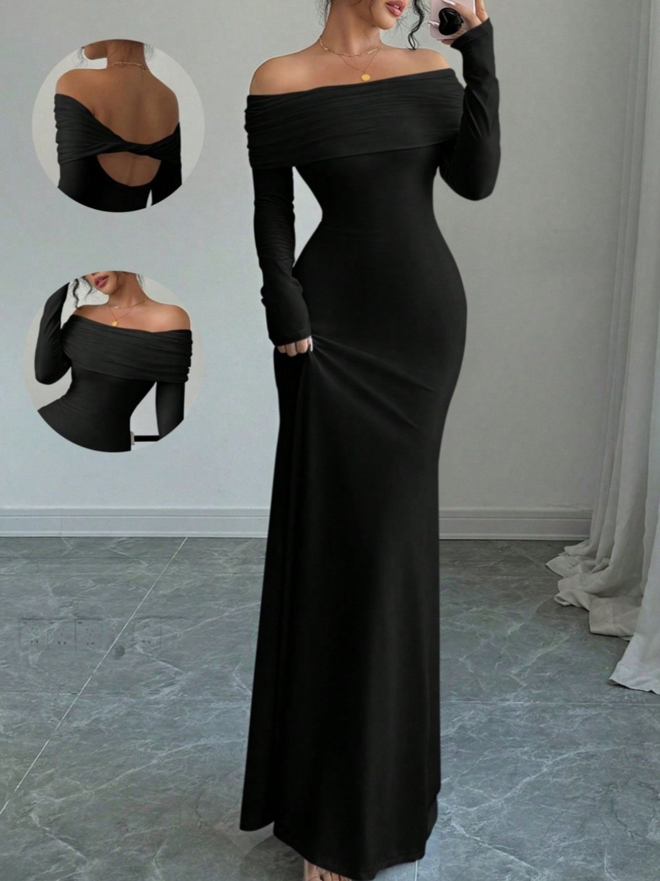 Off-Shoulder Long Sleeve Maxi Dress