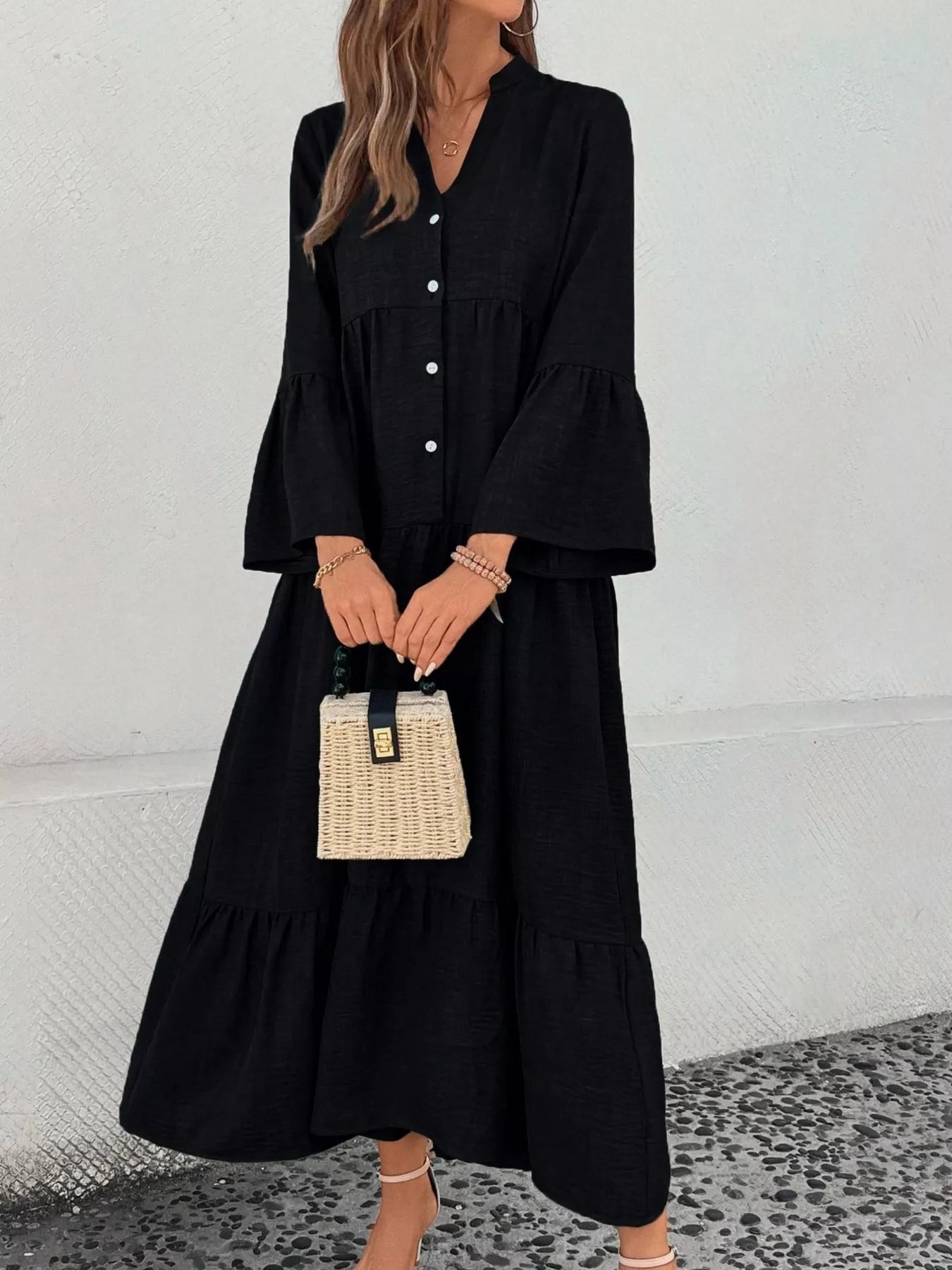 Ruffle Hem Button Front Tiered Dress