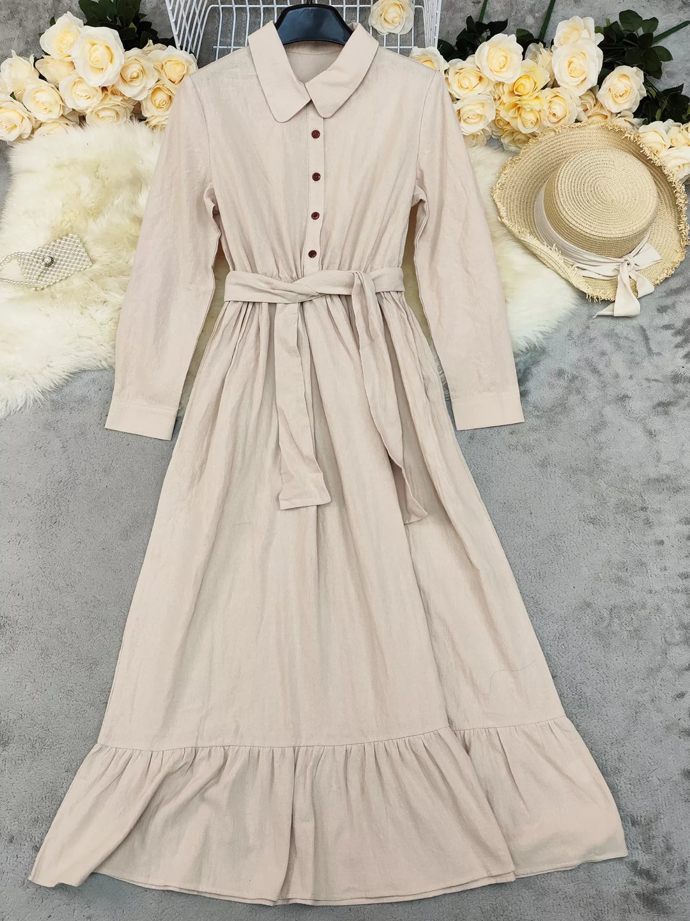 Tie Waist Long Sleeve Ruffled Hem Dress