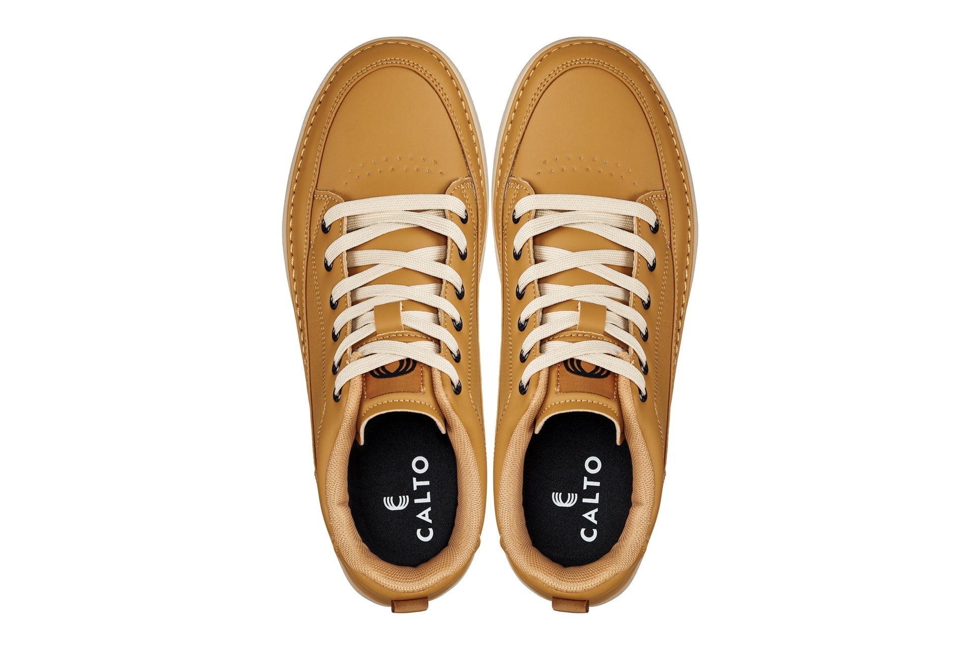 CALTO - Q274 - 2 Inches Taller (Camel Brown & Gum Sole) - Elevated Leatherette Micro-Perforated Sneakers - Overture Gifts