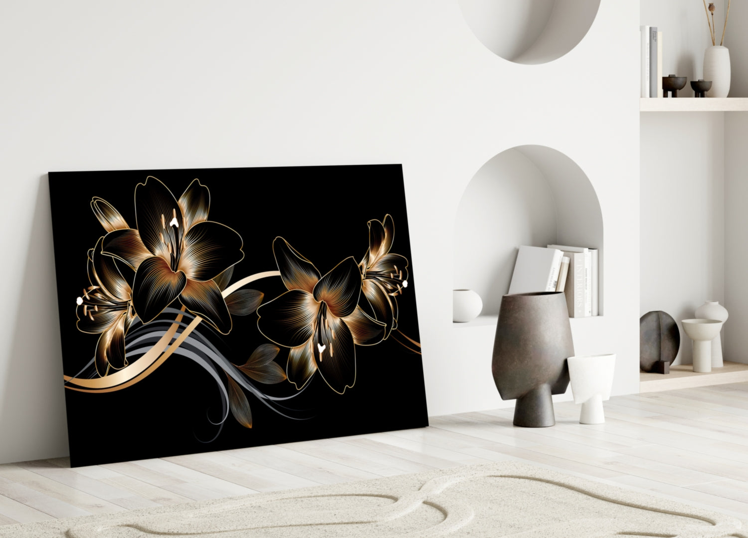 Golden Black Lily Elegance Glass Wall Art