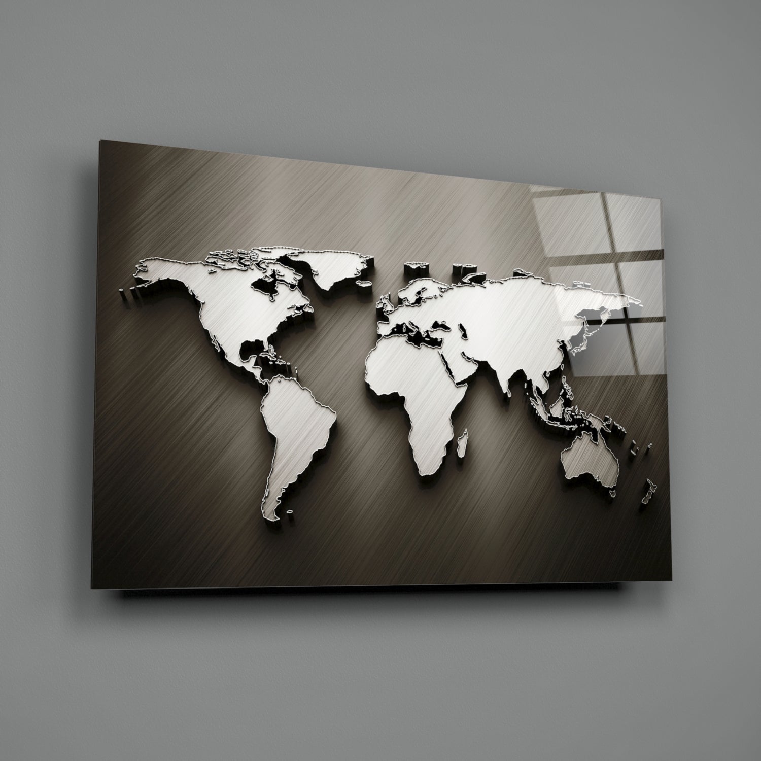 Chrome Relief World Map Glass Wall Art