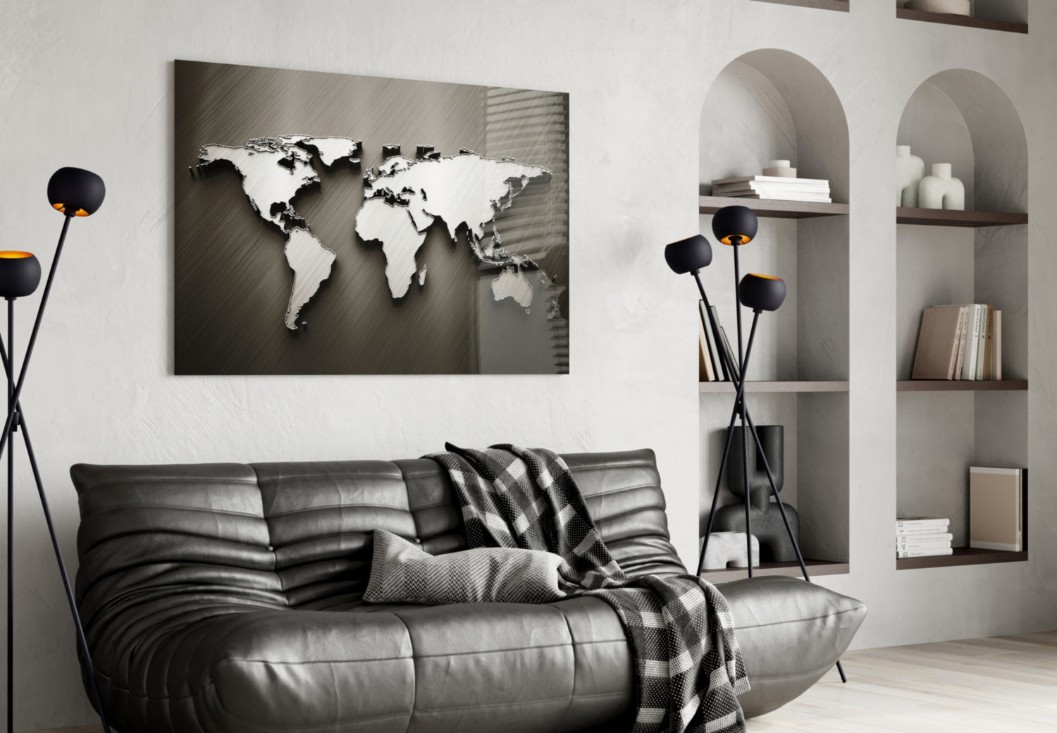 Chrome Relief World Map Glass Wall Art