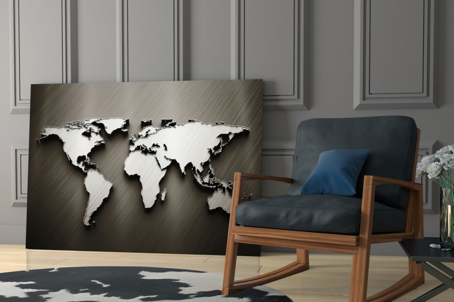 Chrome Relief World Map Glass Wall Art