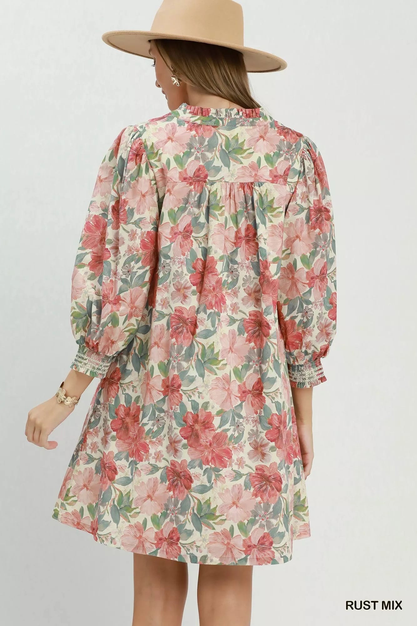 Umgee Mix Floral Print Smocked Cuff Mini Dress