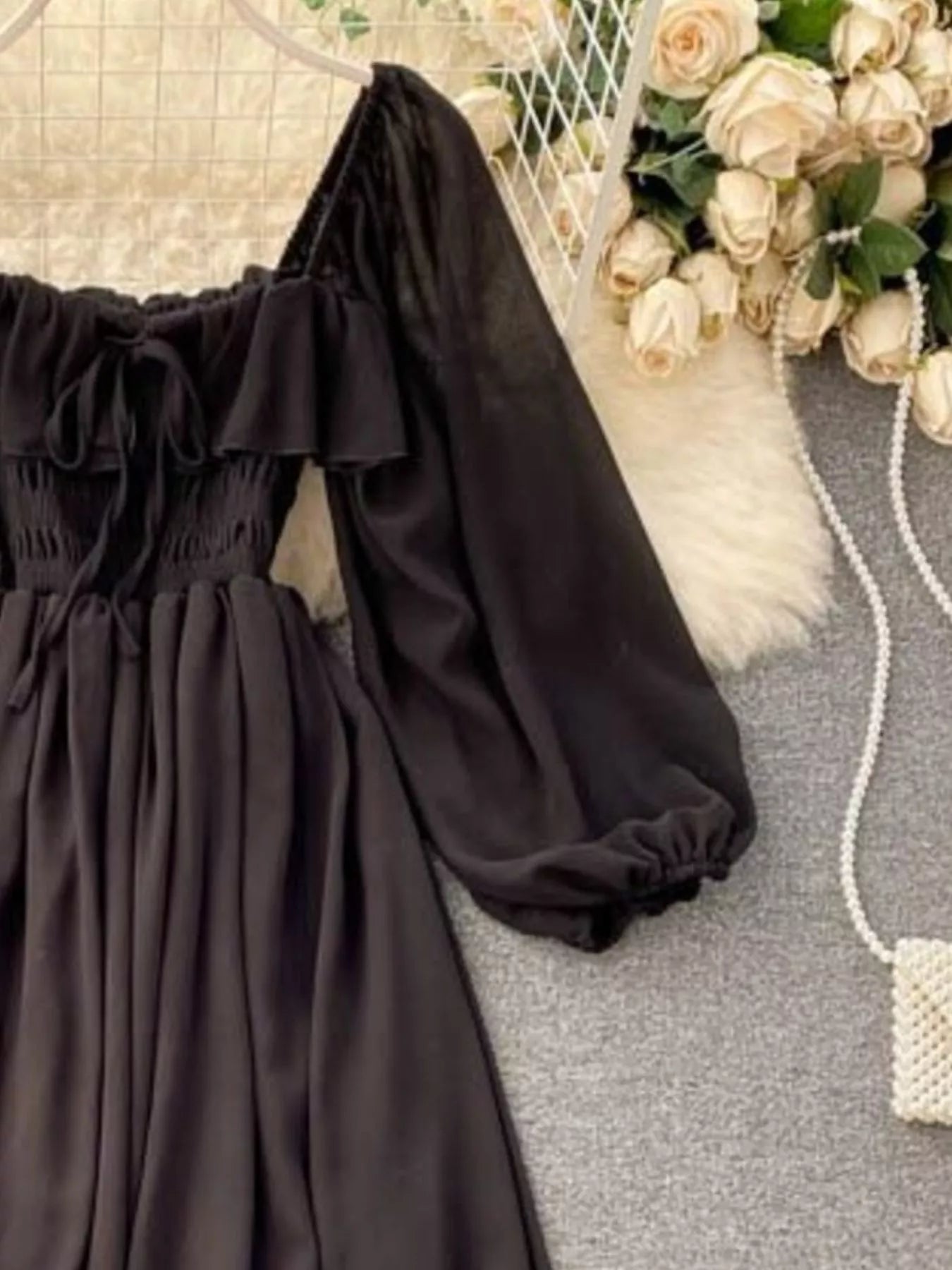 Ruffle Square Neck Balloon Sleeve A-Line Dress