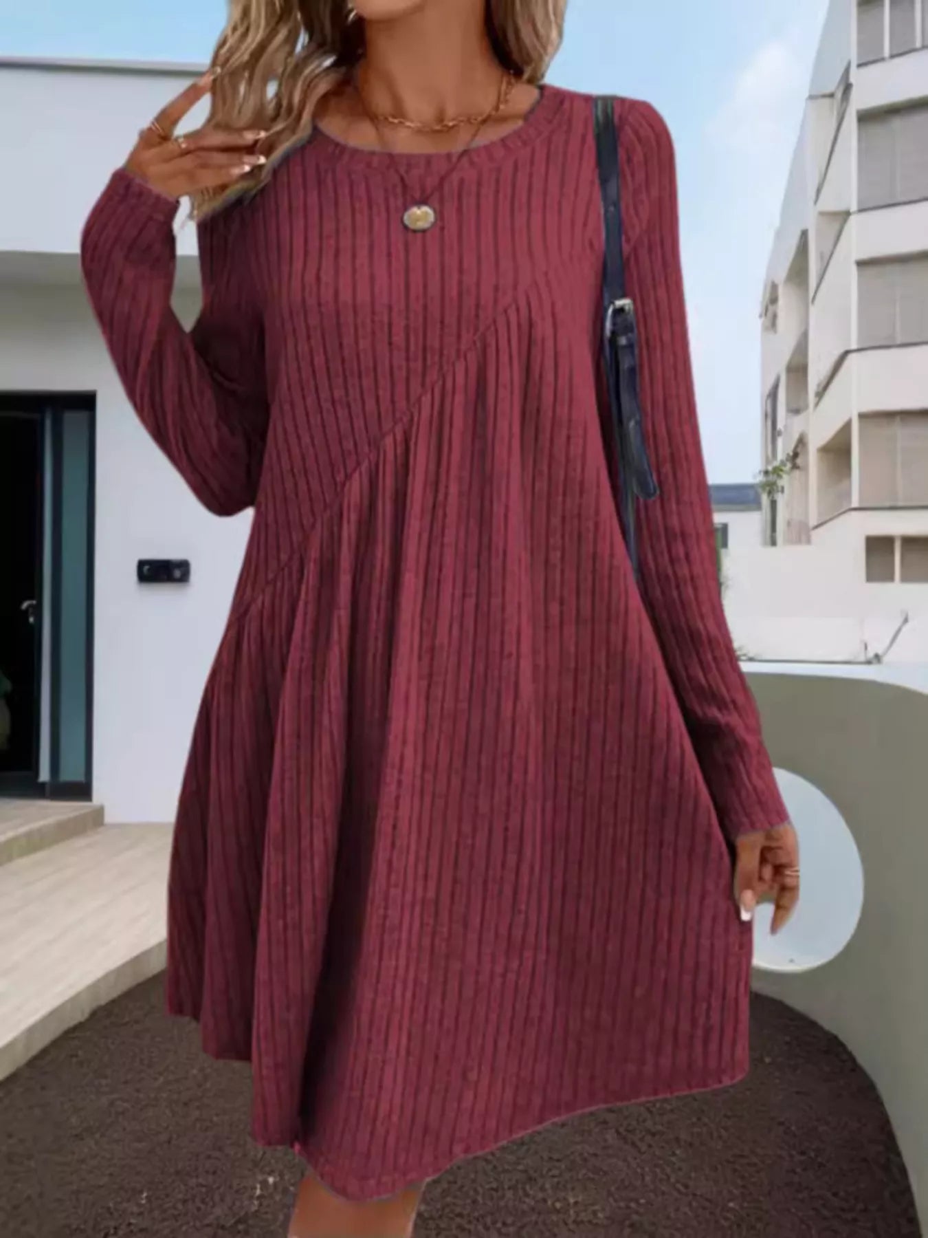 Casual Ribbed Knit Long Sleeve Swing Dress