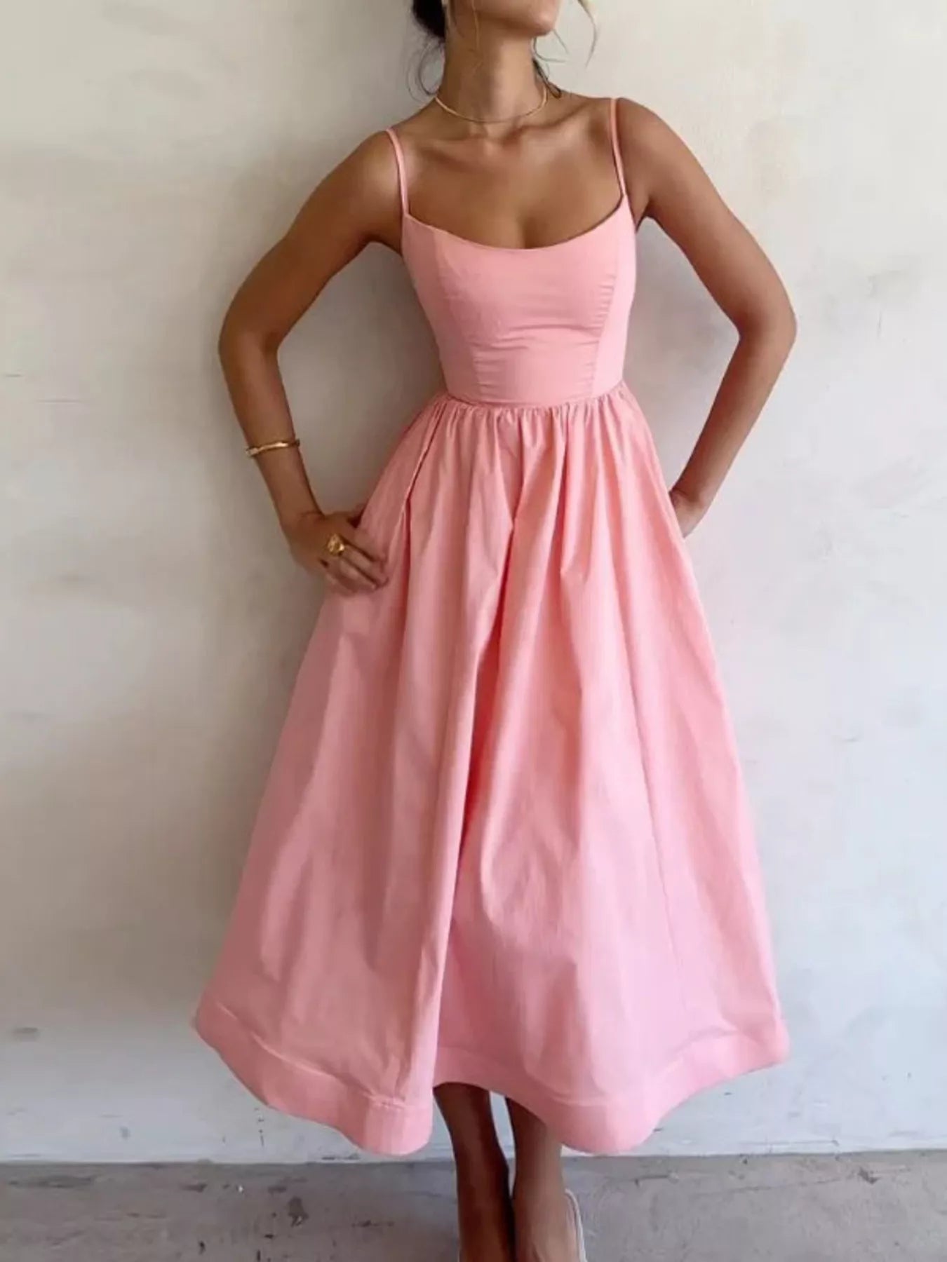 Adjustable Strap Scoop Neck Midi Dress