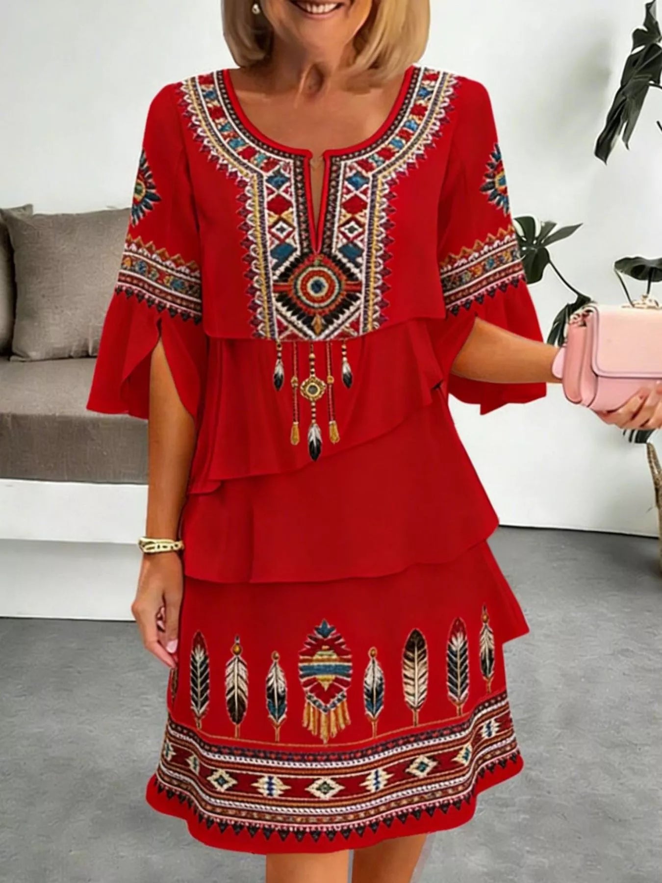 Full Size Printed Notched Ruffled Half Sleeve Dress Plus Size