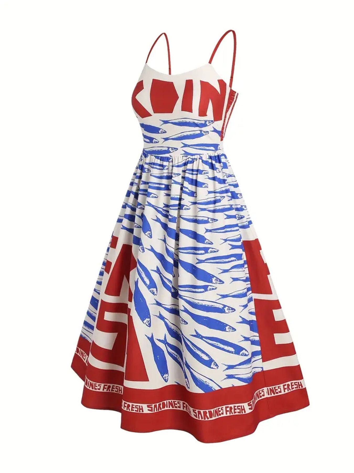 Sardine Print Spaghetti Strap Midi Dress