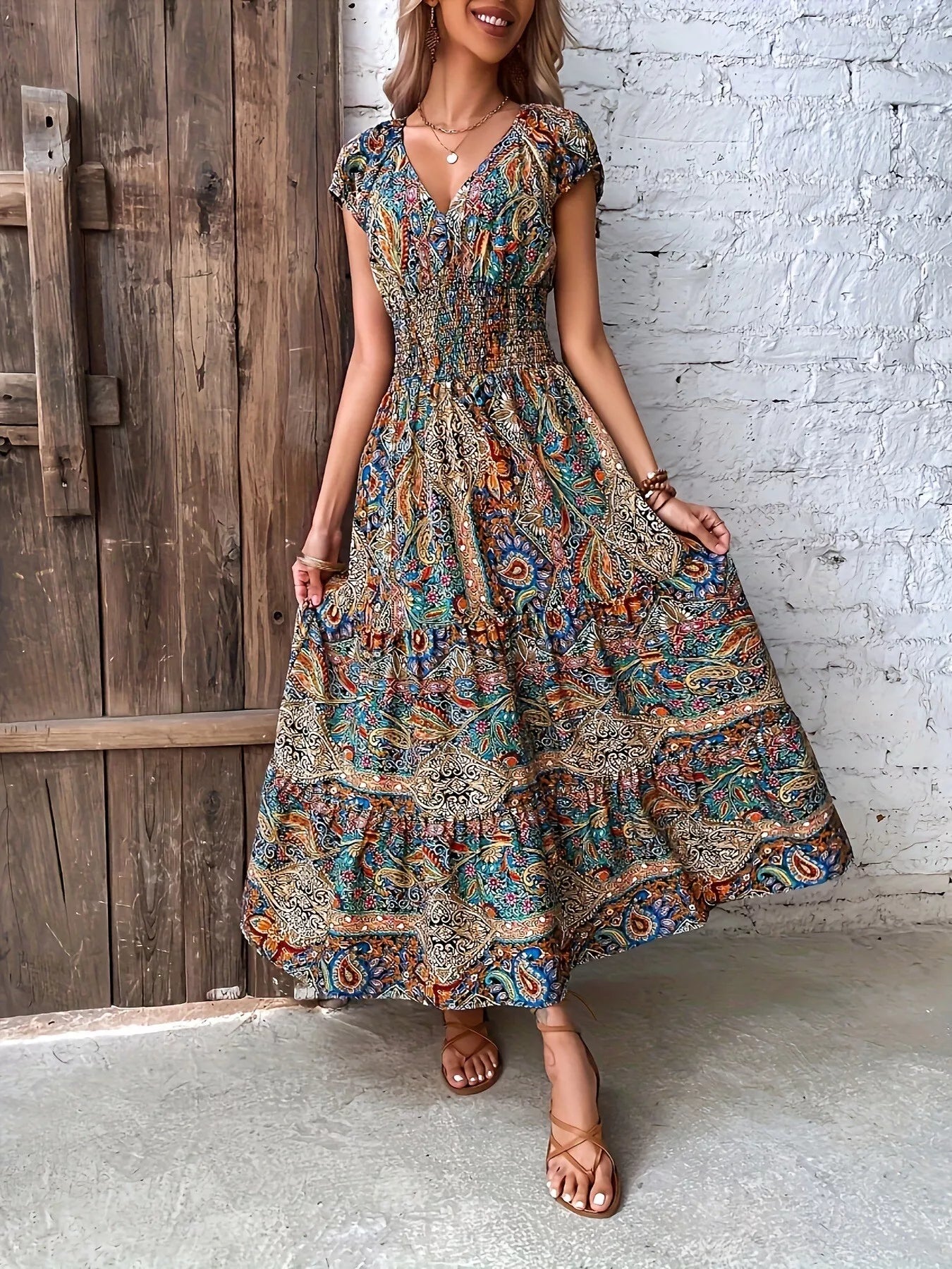 Paisley Print Cap Sleeve Maxi Dress
