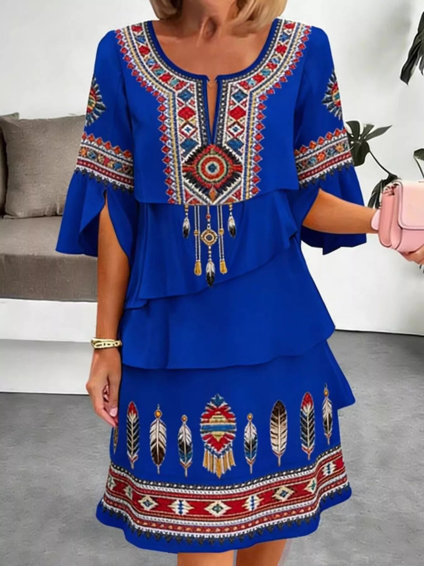 Full Size Printed Notched Ruffled Half Sleeve Dress Plus Size