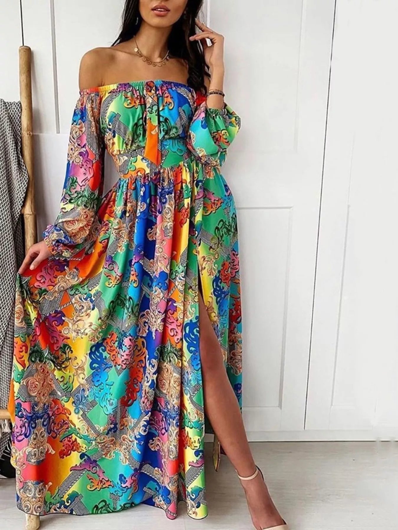 Slit Printed Off Shoulder Maxi Dress