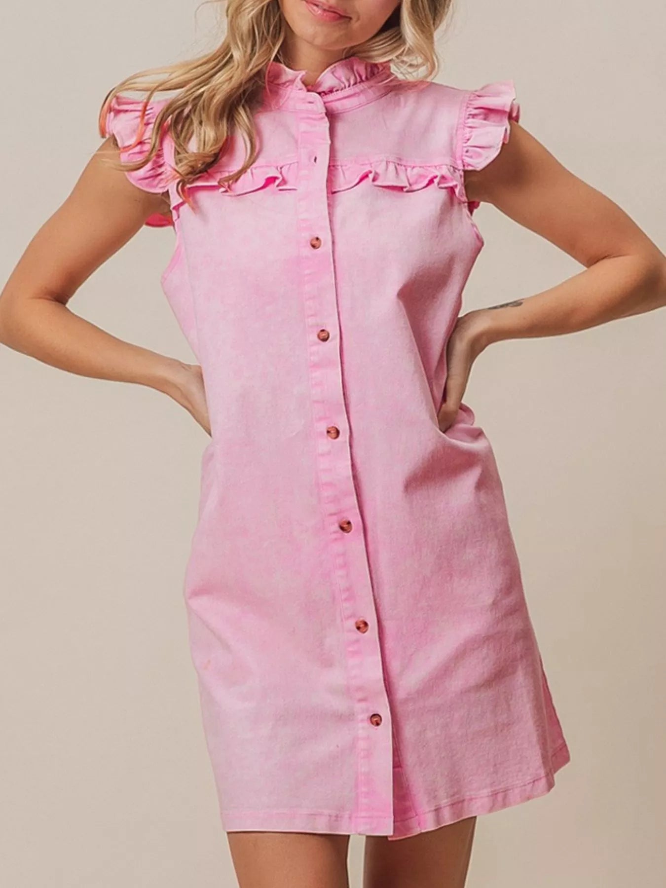 Ruffled Trim Button-Down Denim Dress